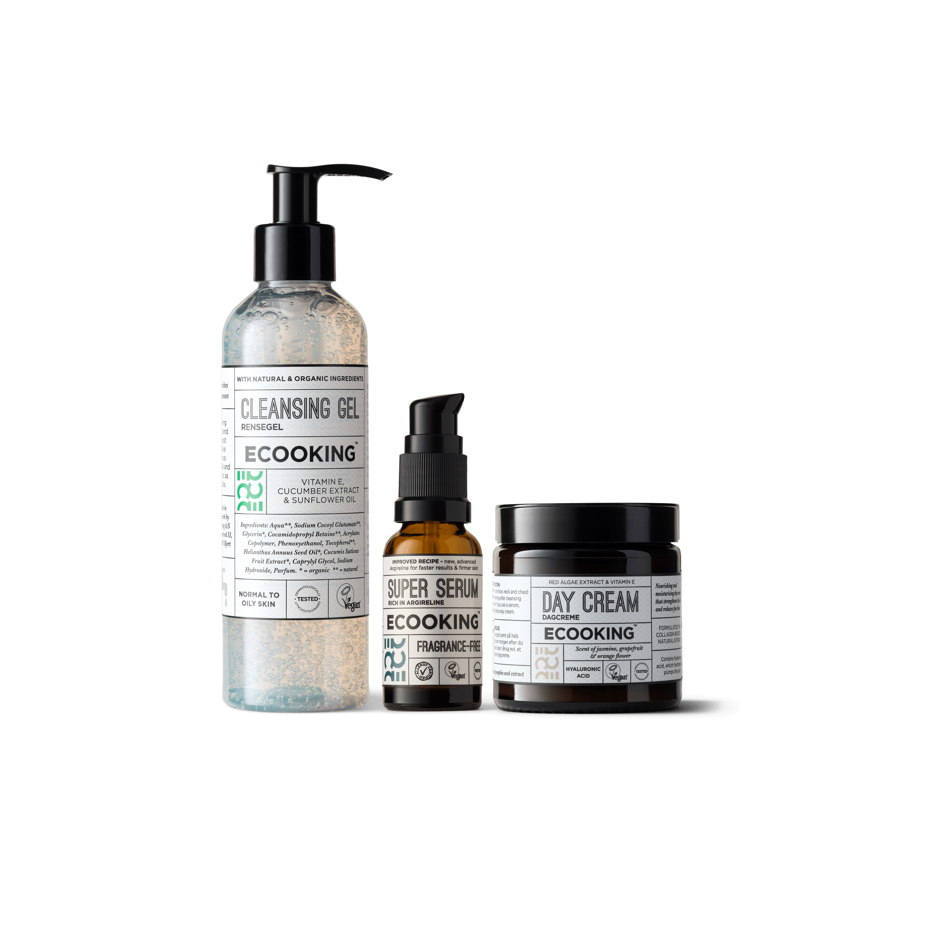 Packshot af en simpel rutine: rens, serum og dagcreme SPF 20 med parfume
