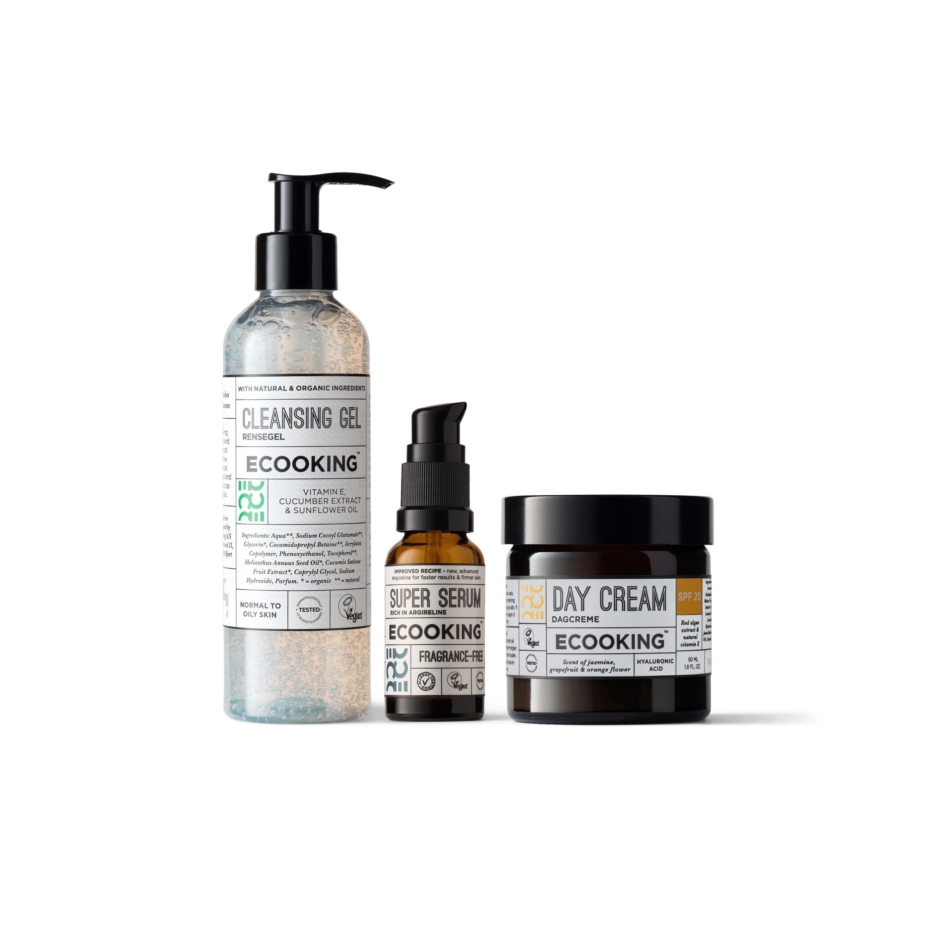 Packshot af den simple rutine bestående af rensegel, super serum og dagcreme SPF 20 - med parfume
