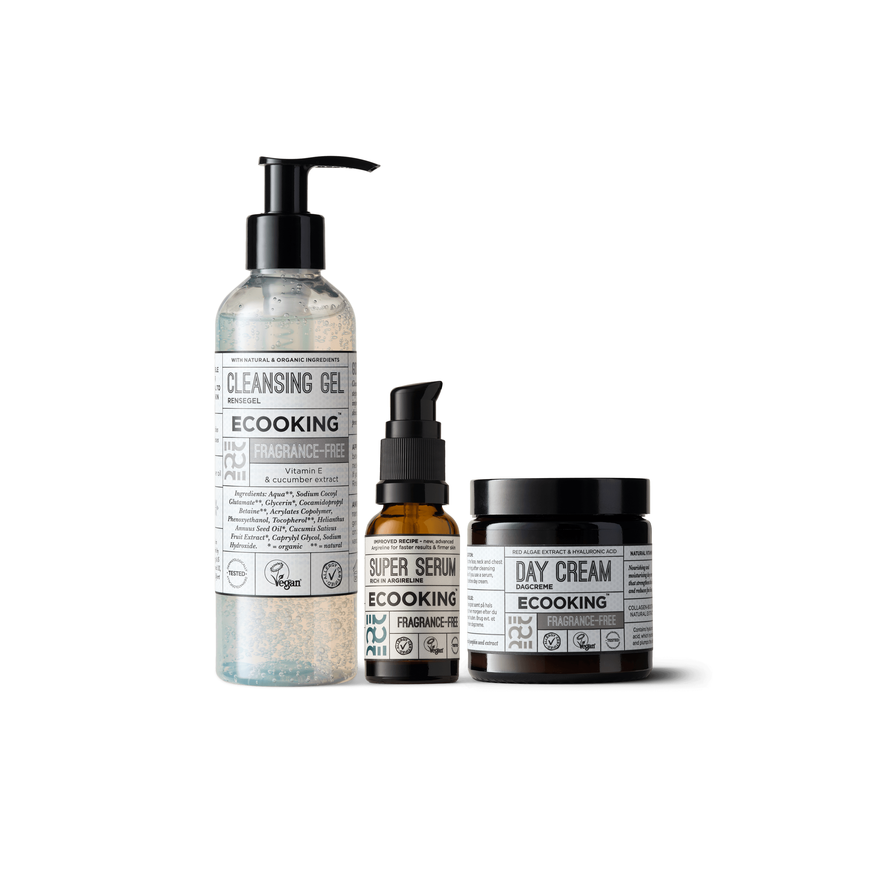 Packshot af en simpel rutine: rens, serum og dagcreme SPF 20 parfumefri