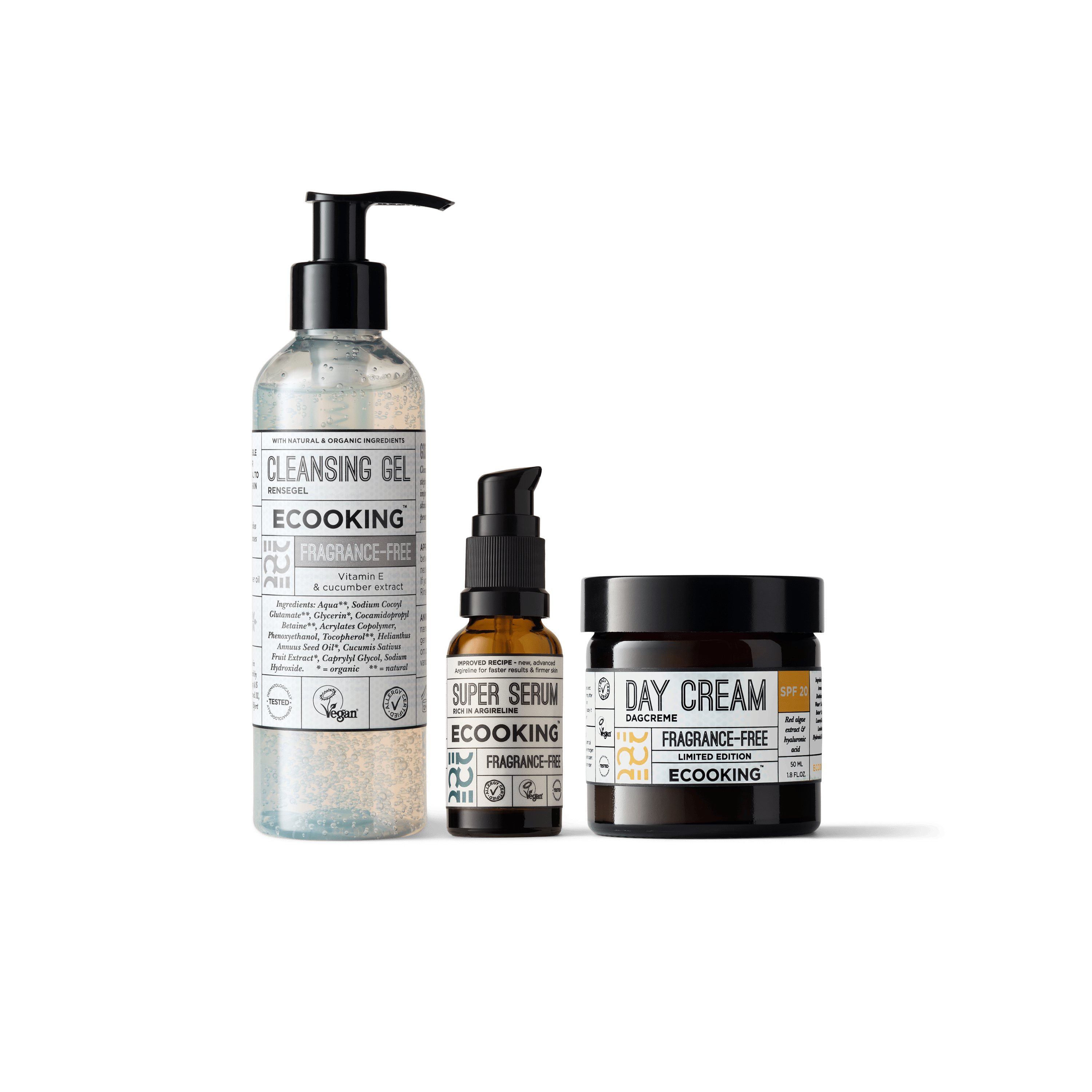 Packshot af den simple rutine bestående af rensegel, super serum og dagcreme SPF 20 - parfumefri