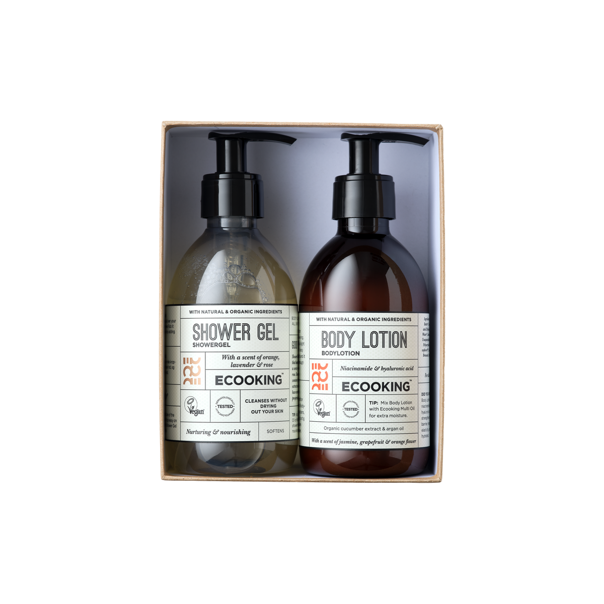 Gavesættet med Shower Gel og Body Lotion fra ECOOKING i en åben æske.