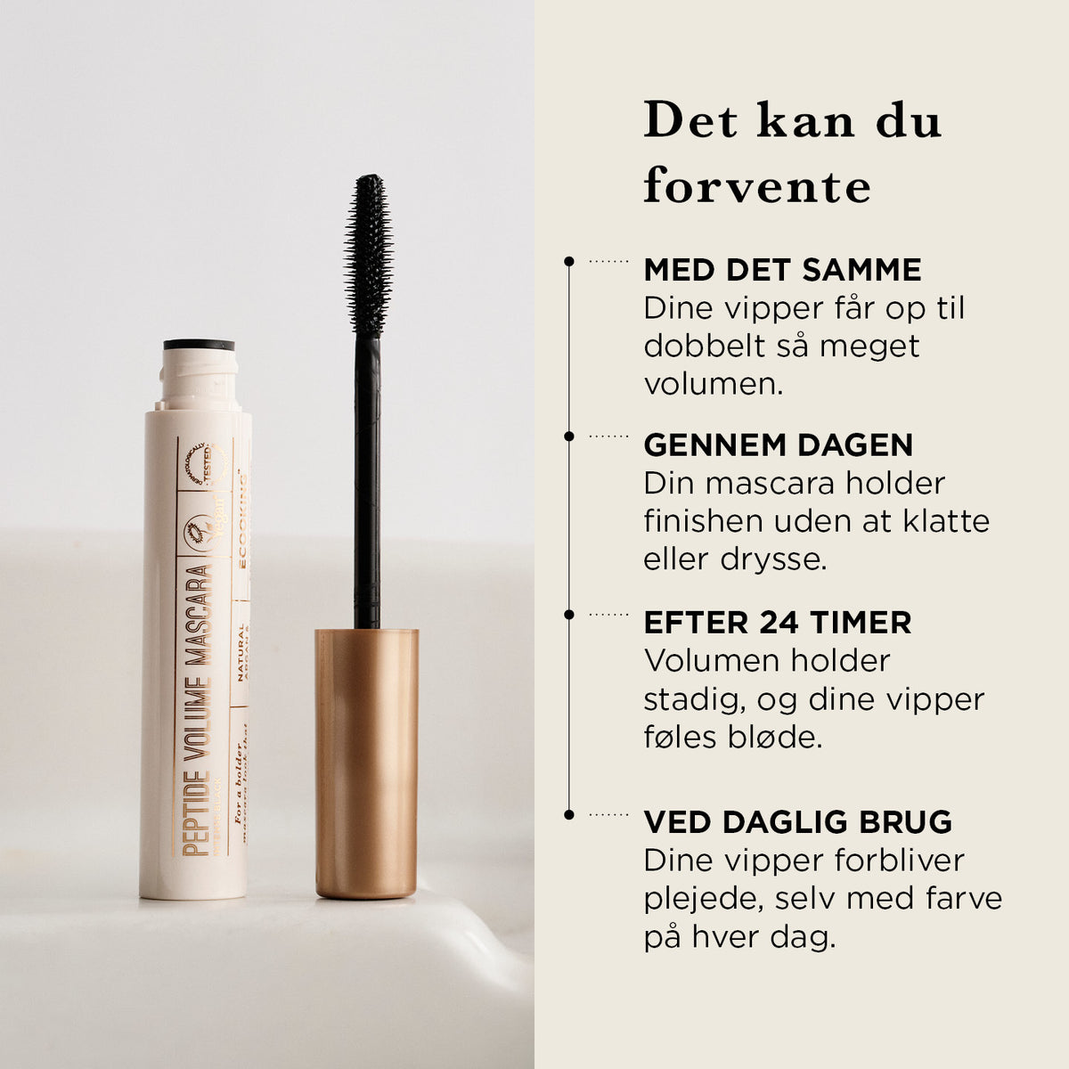 Peptide Volume Mascara — Giver dine vipper mere end dobbelt så meget volumen i op til 24 timer. Indeholder særligt peptid, der beskytter og plejer vipperne for et glat finish.