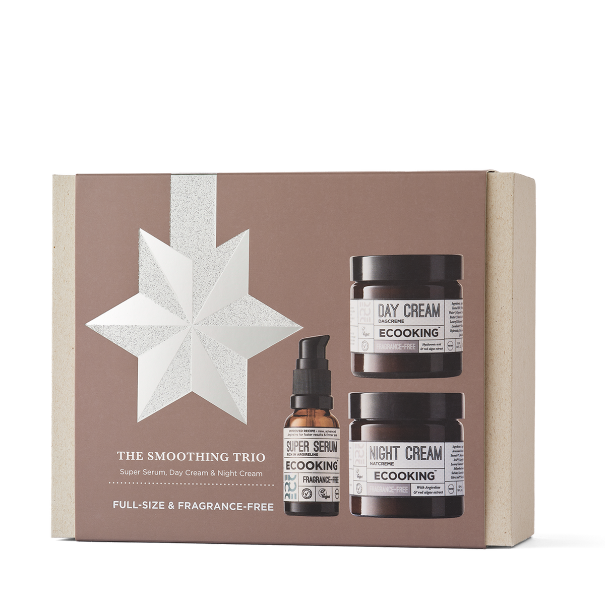 Gaveæske med dagcreme, natcreme og serum (The Smoothing Trio) — Vil du have glattere hud dag og nat? Tre parfumefri favoritter, der fugter, opstrammer og mindsker fine linjer, samlet i én gaveæske.