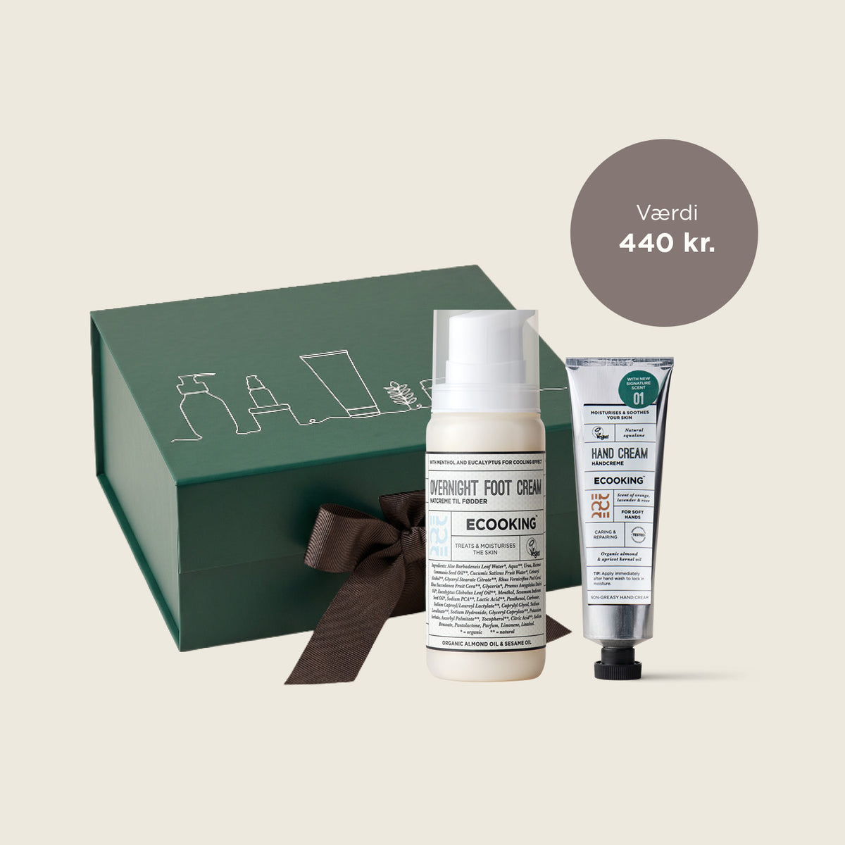 Gaveæske med håndcreme og natcreme til fødder, værdi 440 kr.