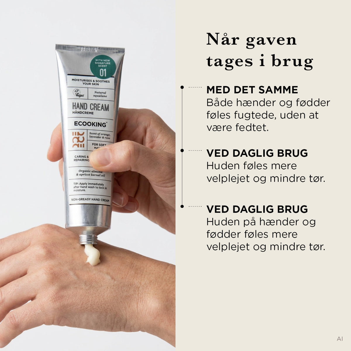 Håndcreme fra ECOOKING smøres på hånden: huden føles fugtet med det samme og mere velplejet ved daglig brug
