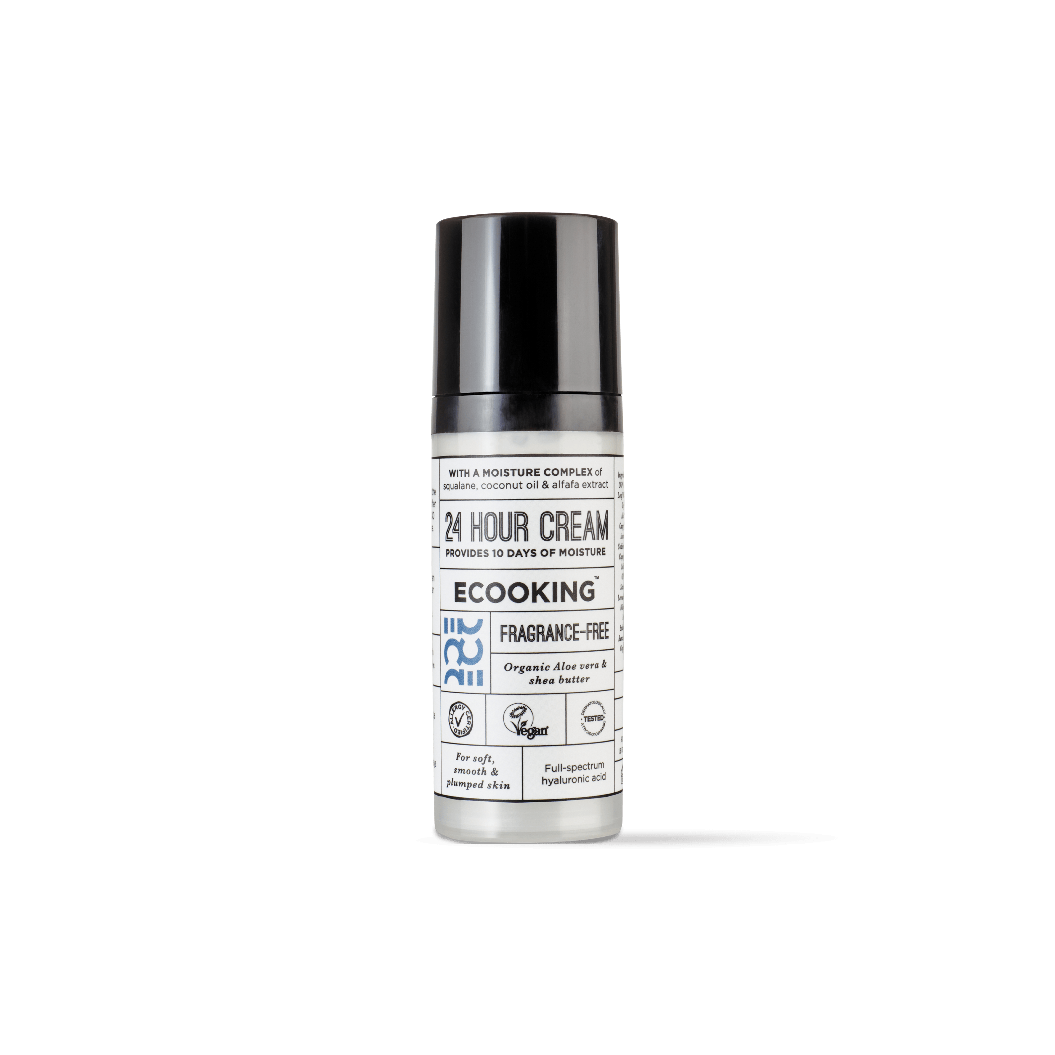 24 Hour Cream 50 ml — Giver dokumenteret fugt i op til 240 timer (10 døgn). Indeholder et plantebaseret fugtkompleks og fuldspektret hyaluronsyre der løfter, opstrammer og blødgør huden hurtigt.