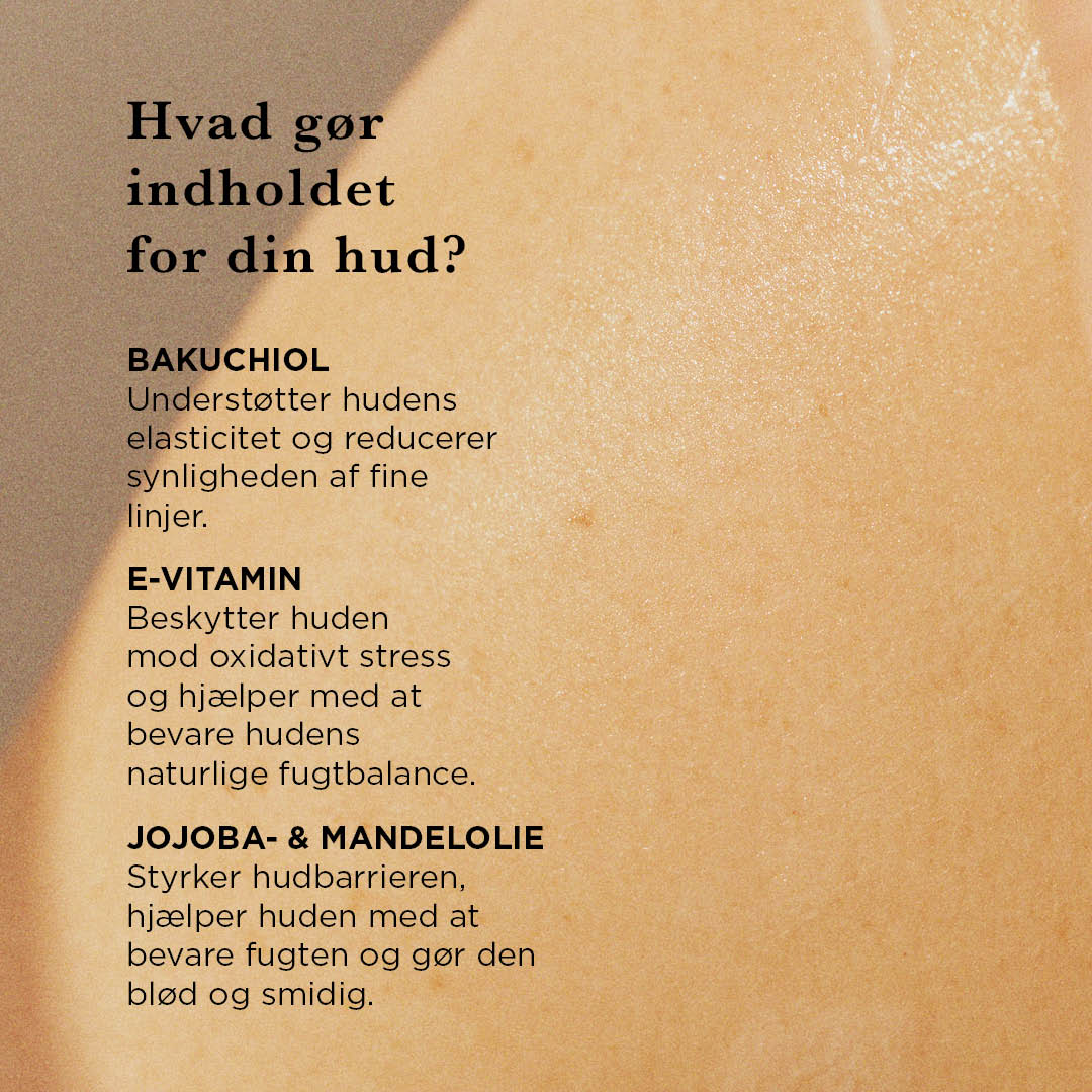 Beskrivelse af oliens indhold, herunder bakuchiol, E-vitamin og Jojobaolie