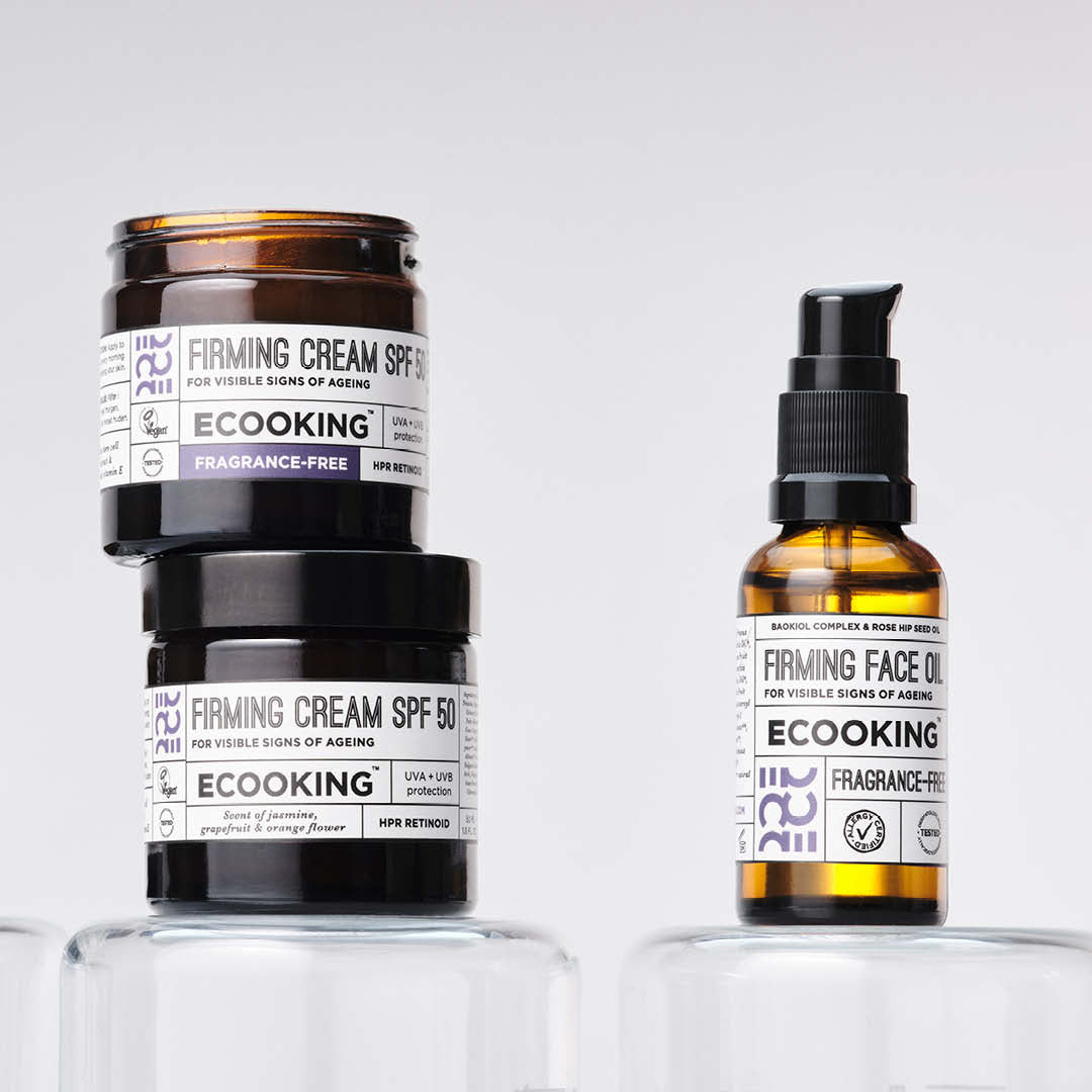 Firming Face Oil sammen med Firming Cream SPF 50 fra ECOOKINGs Firming-serie