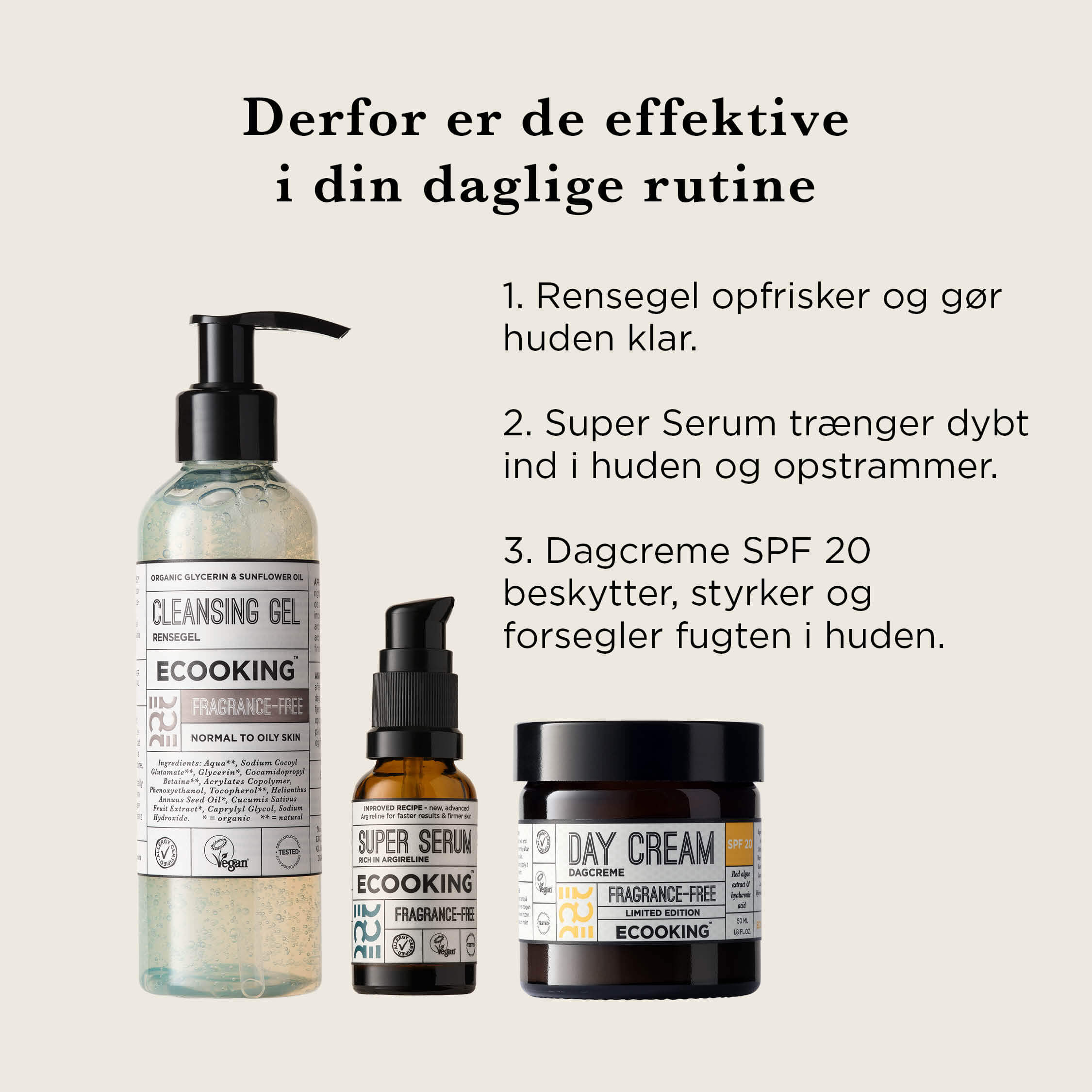 En simpel rutine: rens, serum og dagcreme SPF 20 — Få frisk, fugtet og beskyttet hud fra morgen til aften med disse tre produkter. En effektiv morgenrutine, du kan bruge hver dag.