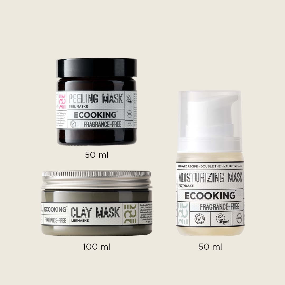 Effektiv maskerutine — Glattere, blødere hud og naturlig glød allerede efter første brug. Tre masker, der arbejder effektivt sammen for at give dig synlige resultater.