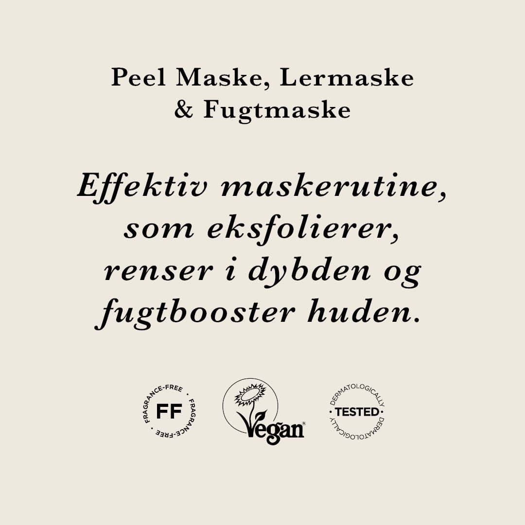 Effektiv maskerutine — Glattere, blødere hud og naturlig glød allerede efter første brug. Tre masker, der arbejder effektivt sammen for at give dig synlige resultater.