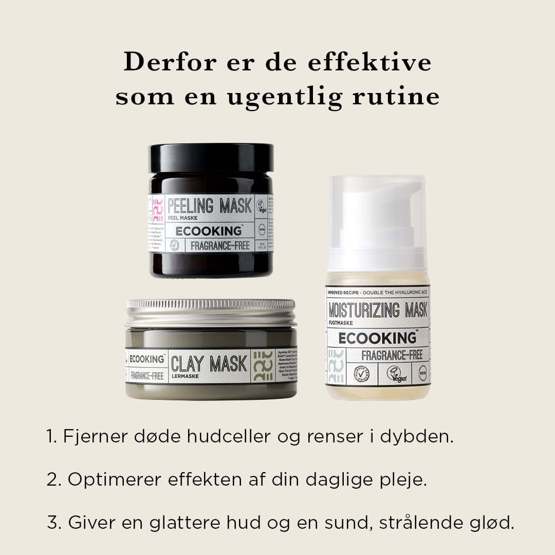 Effektiv maskerutine — Glattere, blødere hud og naturlig glød allerede efter første brug. Tre masker, der arbejder effektivt sammen for at give dig synlige resultater.