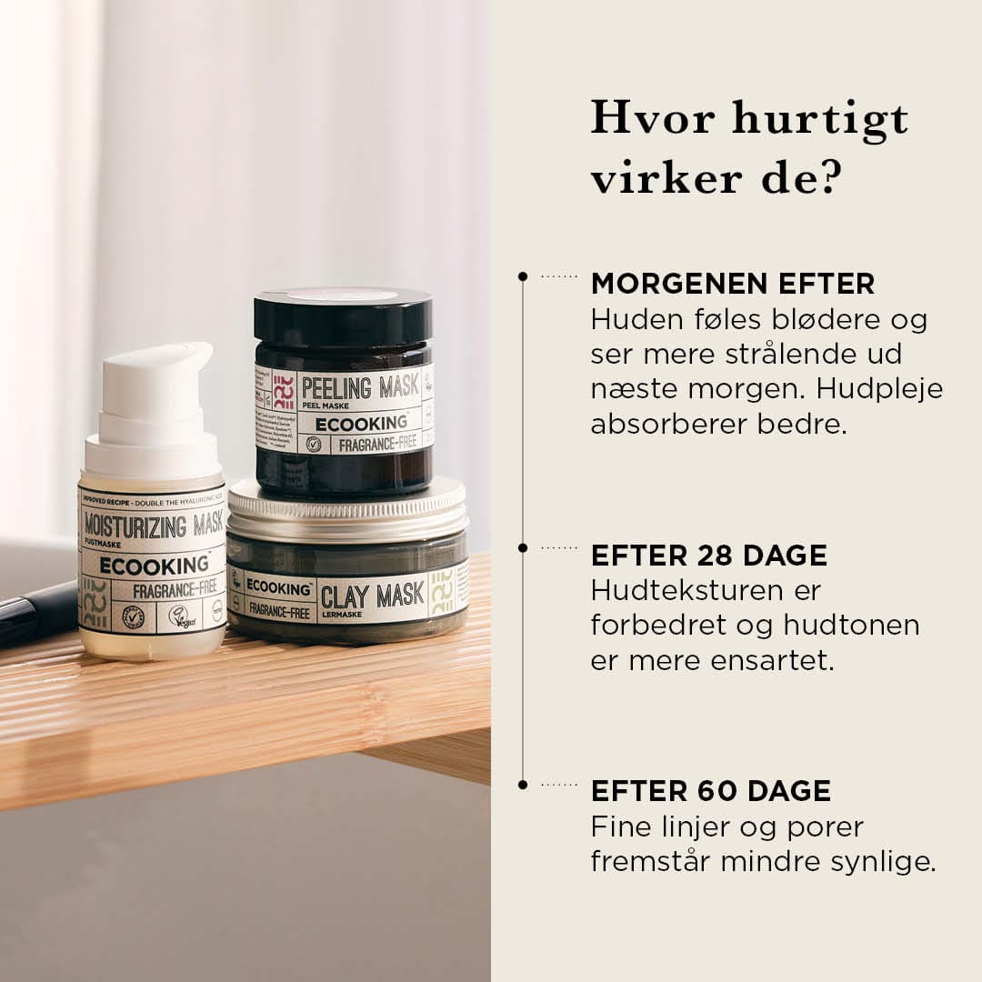 Effektiv maskerutine — Glattere, blødere hud og naturlig glød allerede efter første brug. Tre masker, der arbejder effektivt sammen for at give dig synlige resultater.
