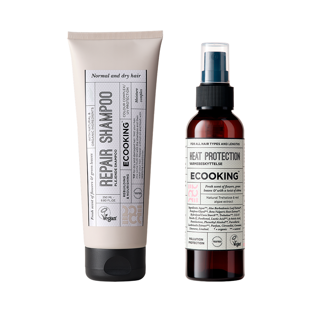 Hårsæt — Repair Shampoo 250 ml og Heat Protection 150 ml, der plejer håret og beskytter det mod varme. Værdi 375 kr.