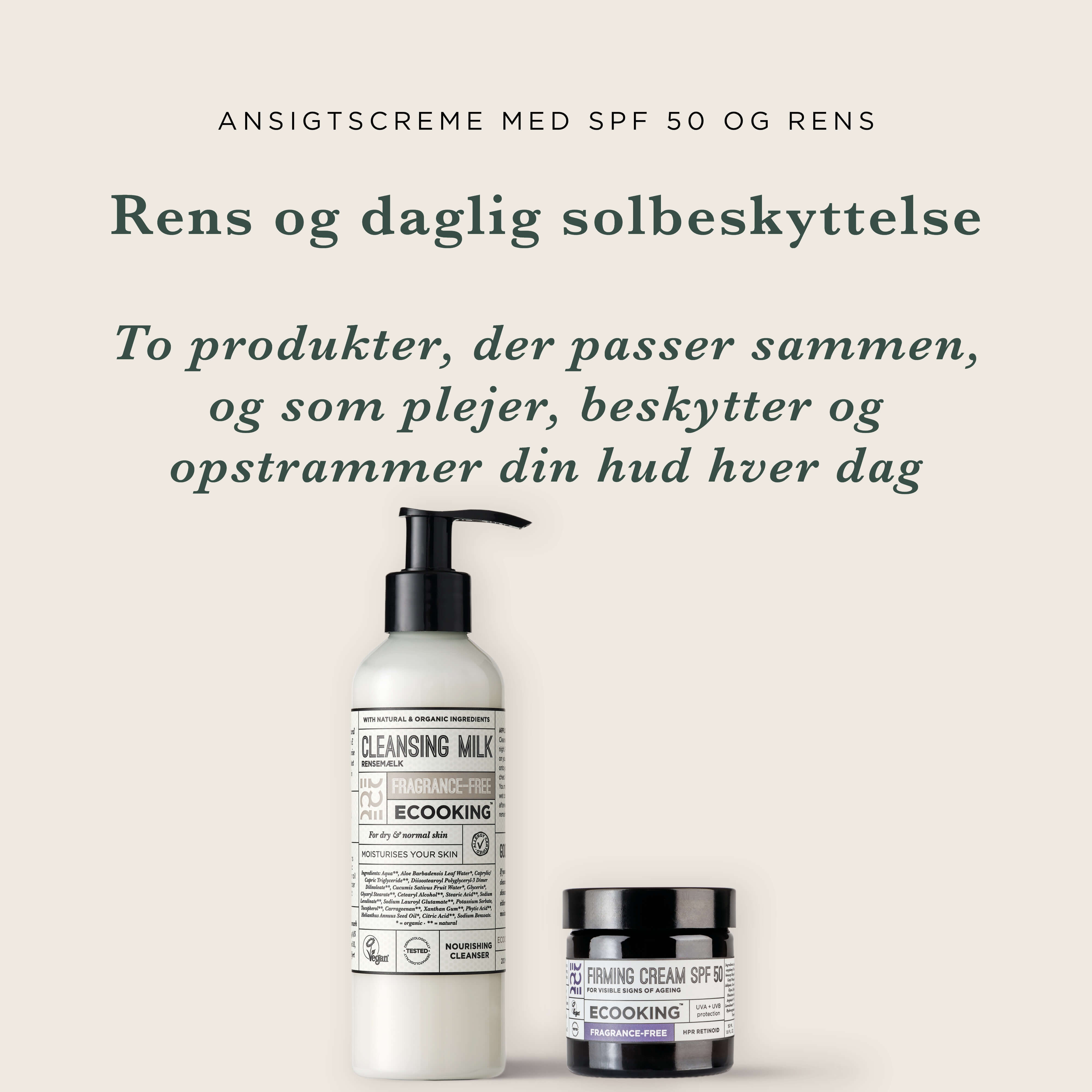 Fugtgivende Ansigtscreme med Solfaktor 50 og Mild Rens — Leder du efter en ansigtscreme med solfaktor, der både plejer og beskytter? Dette sæt giver dig en enkel morgenrutine, der bare virker.