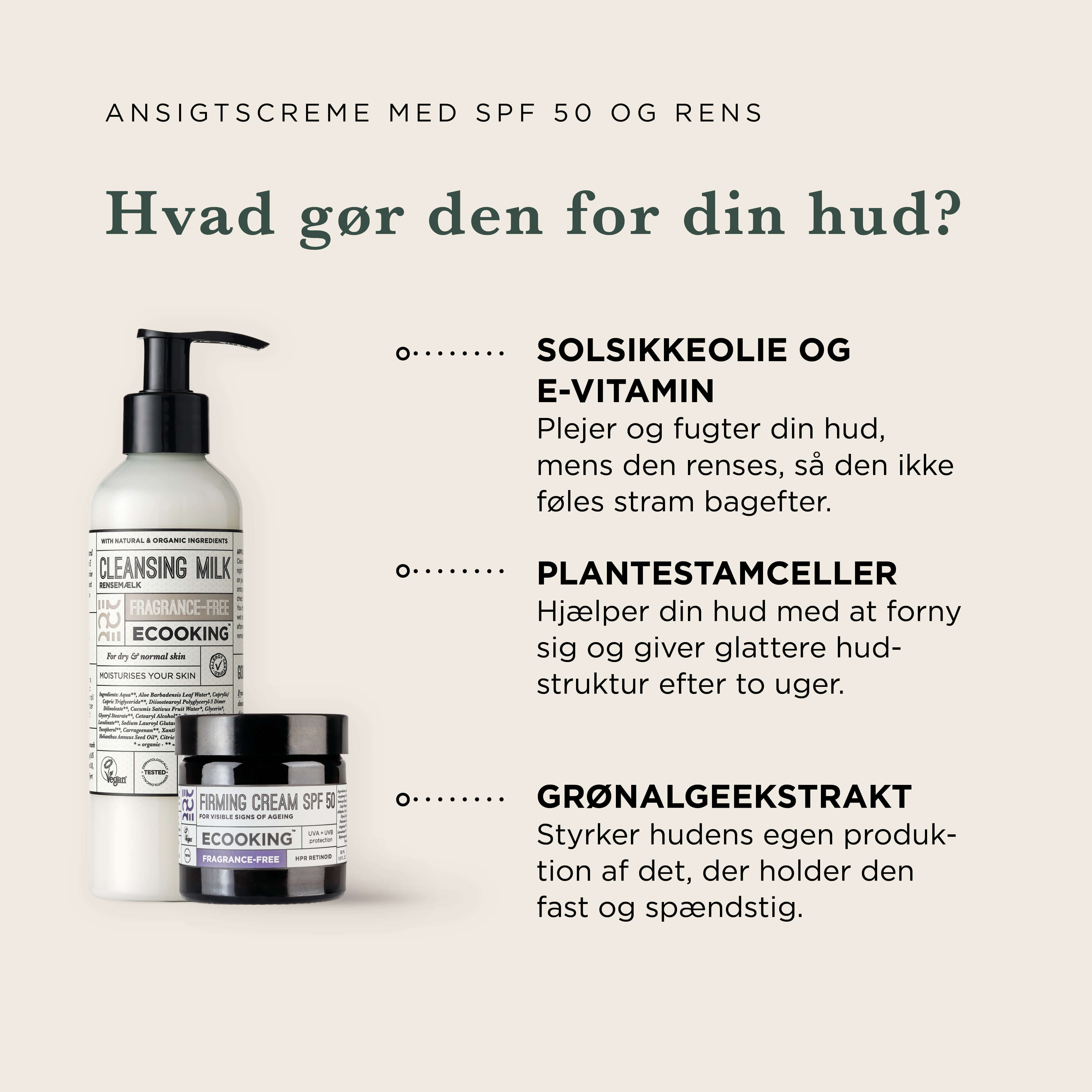 Fugtgivende Ansigtscreme med Solfaktor 50 og Mild Rens — Leder du efter en ansigtscreme med solfaktor, der både plejer og beskytter? Dette sæt giver dig en enkel morgenrutine, der bare virker.