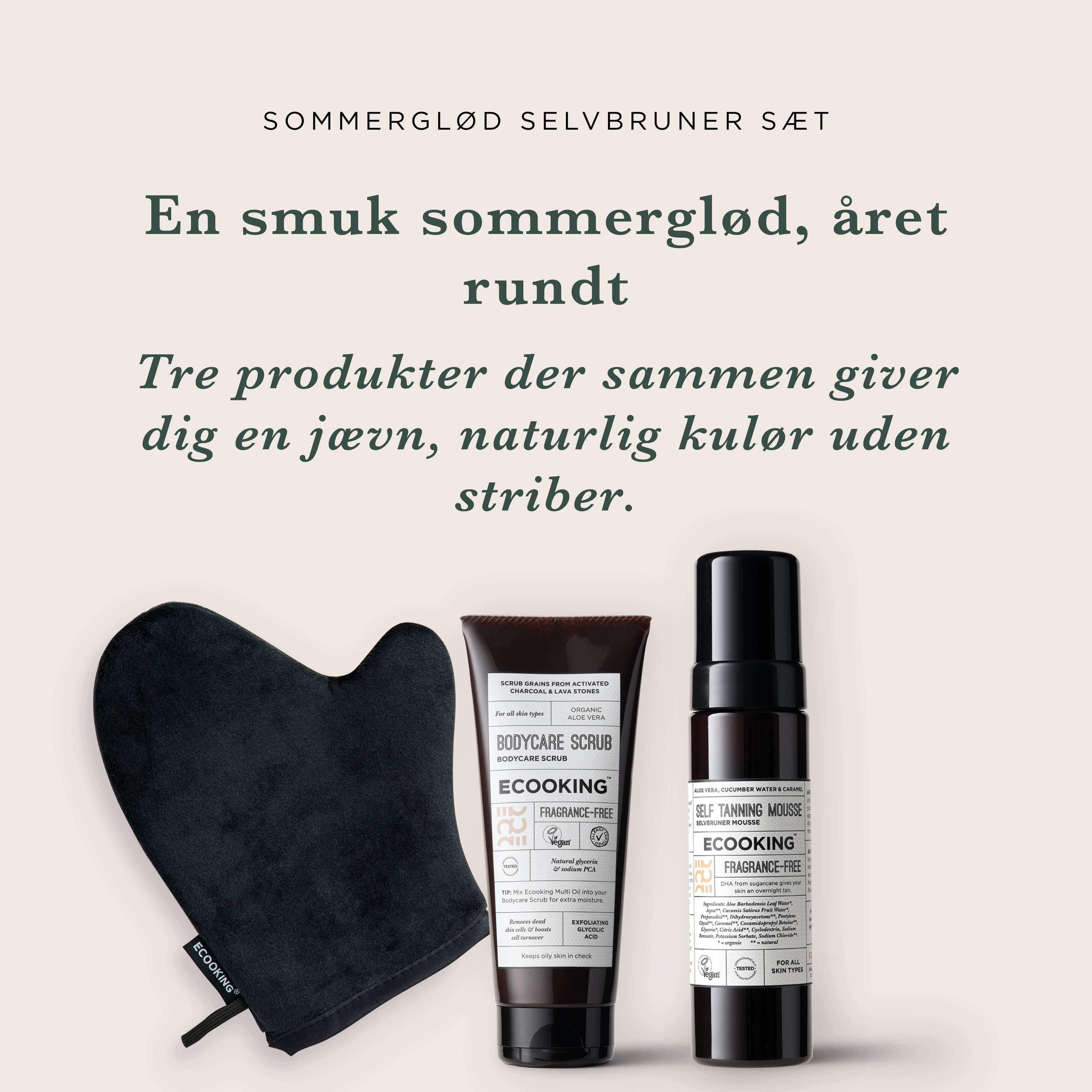 Sommerglød Selvbruner Sæt — Vil du have en naturlig sommerglød hele året? Tre produkter der sammen giver dig en jævn, smuk kulør uden striber.