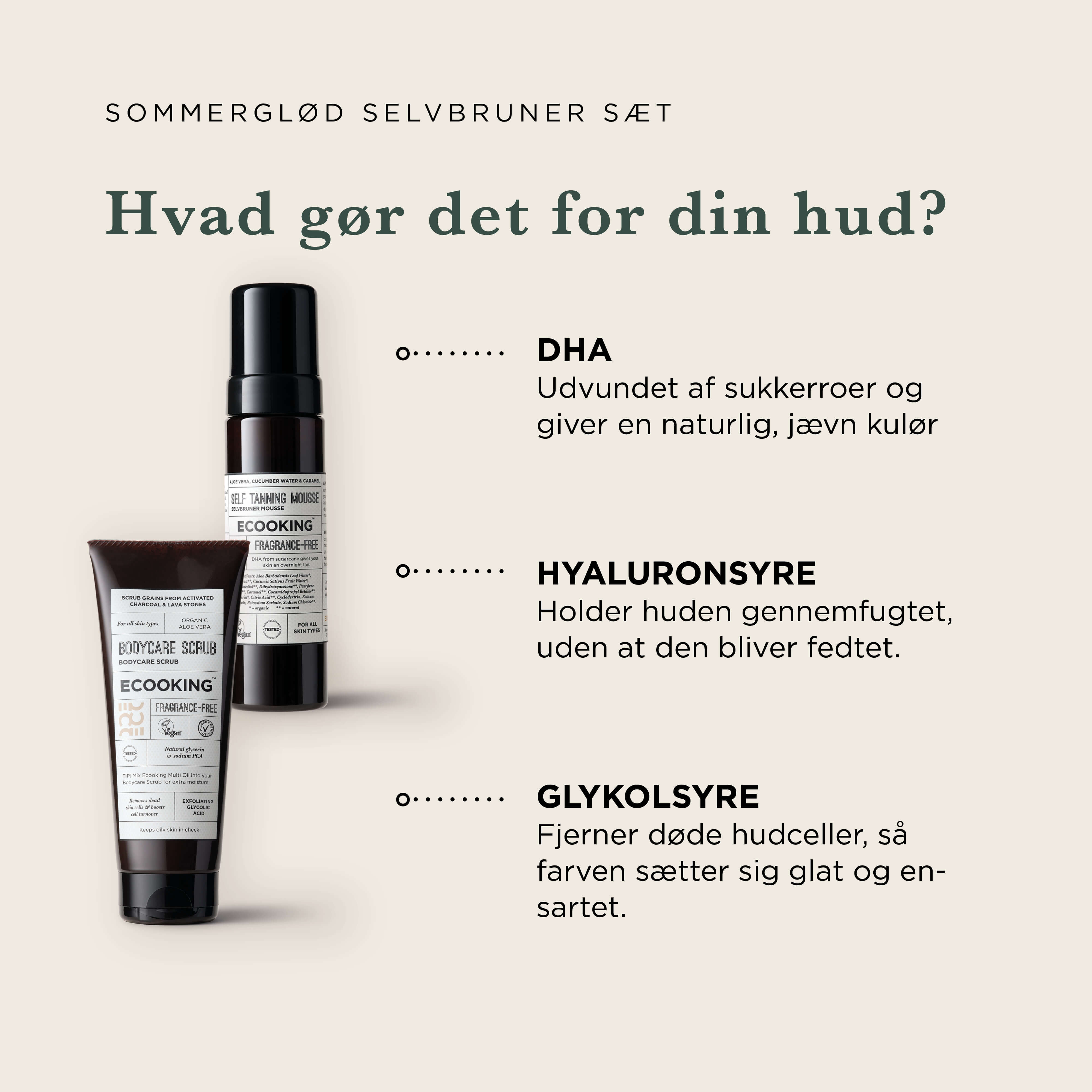 Sommerglød Selvbruner Sæt — Vil du have en naturlig sommerglød hele året? Tre produkter der sammen giver dig en jævn, smuk kulør uden striber.