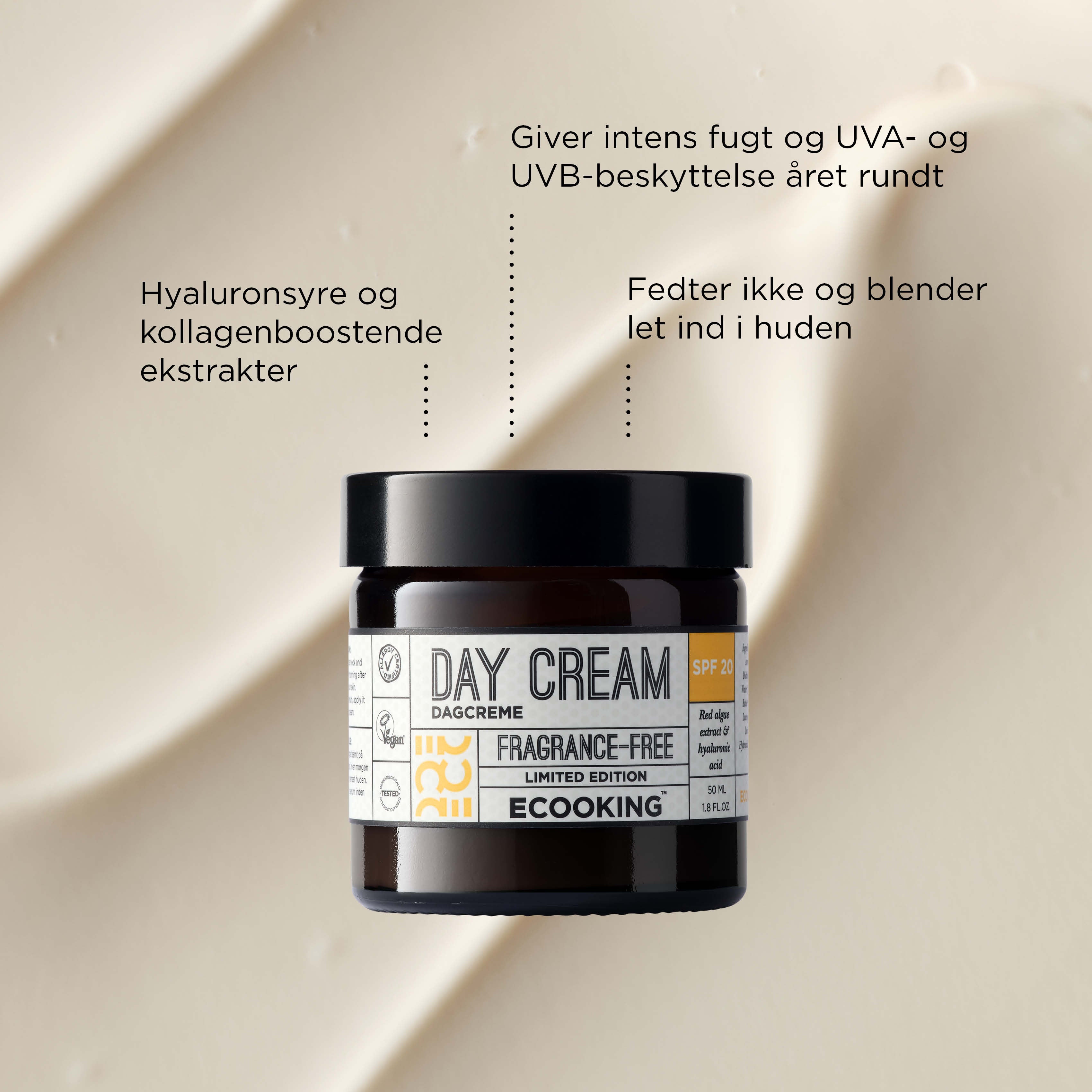 Dagcreme SPF 20 — Vores Dagcreme SPF 20 fugter og kollagenbooster, fedter ikke og blender let ind i huden og uVA- & UVB-beskyttelse.