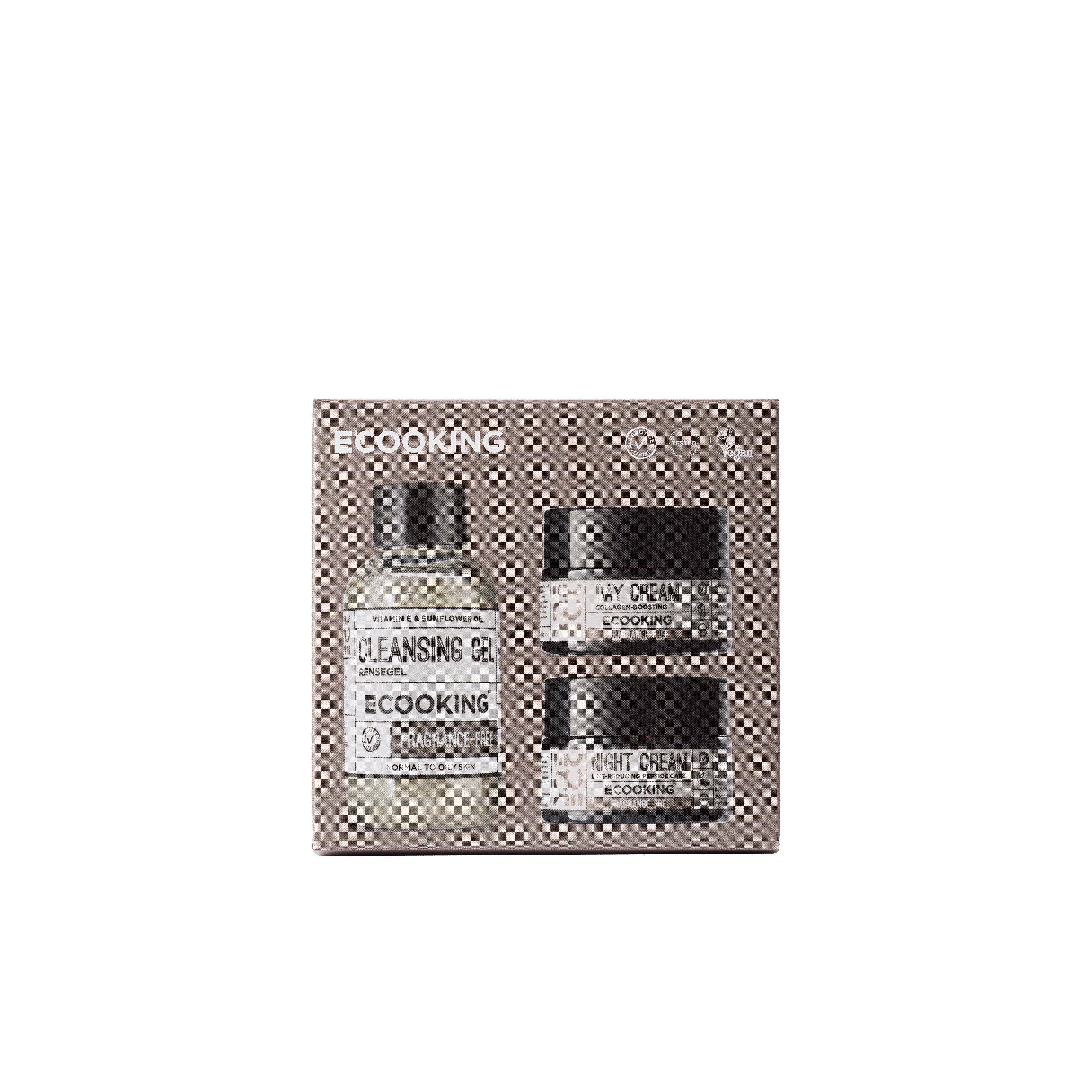 Rejsesæt (Parfumefri) — Vores rejsesæt samler en komplet hudplejerutine i håndbagagevenlige størrelser med parfumefri Rensegel, Dagcreme og Natcreme, der renser, fugter og plejer din hud morgen og aften.