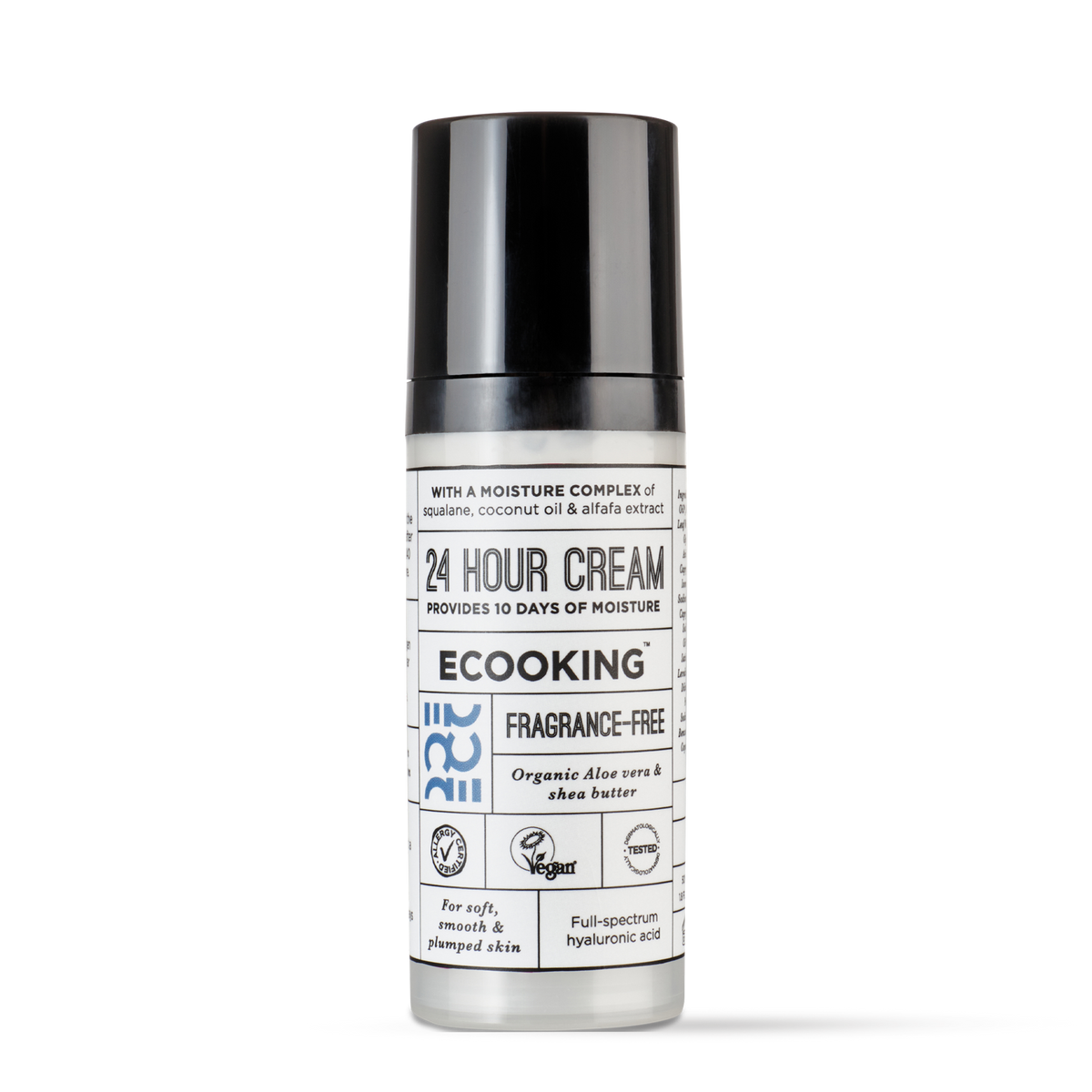 ECOOKING 24 Timers Creme (24 Hour Cream) 50 ml – parfumefri creme i hvid pumpeflaske med sort låg – fugtighedscreme til tør hud med fugt i op til 240 timer