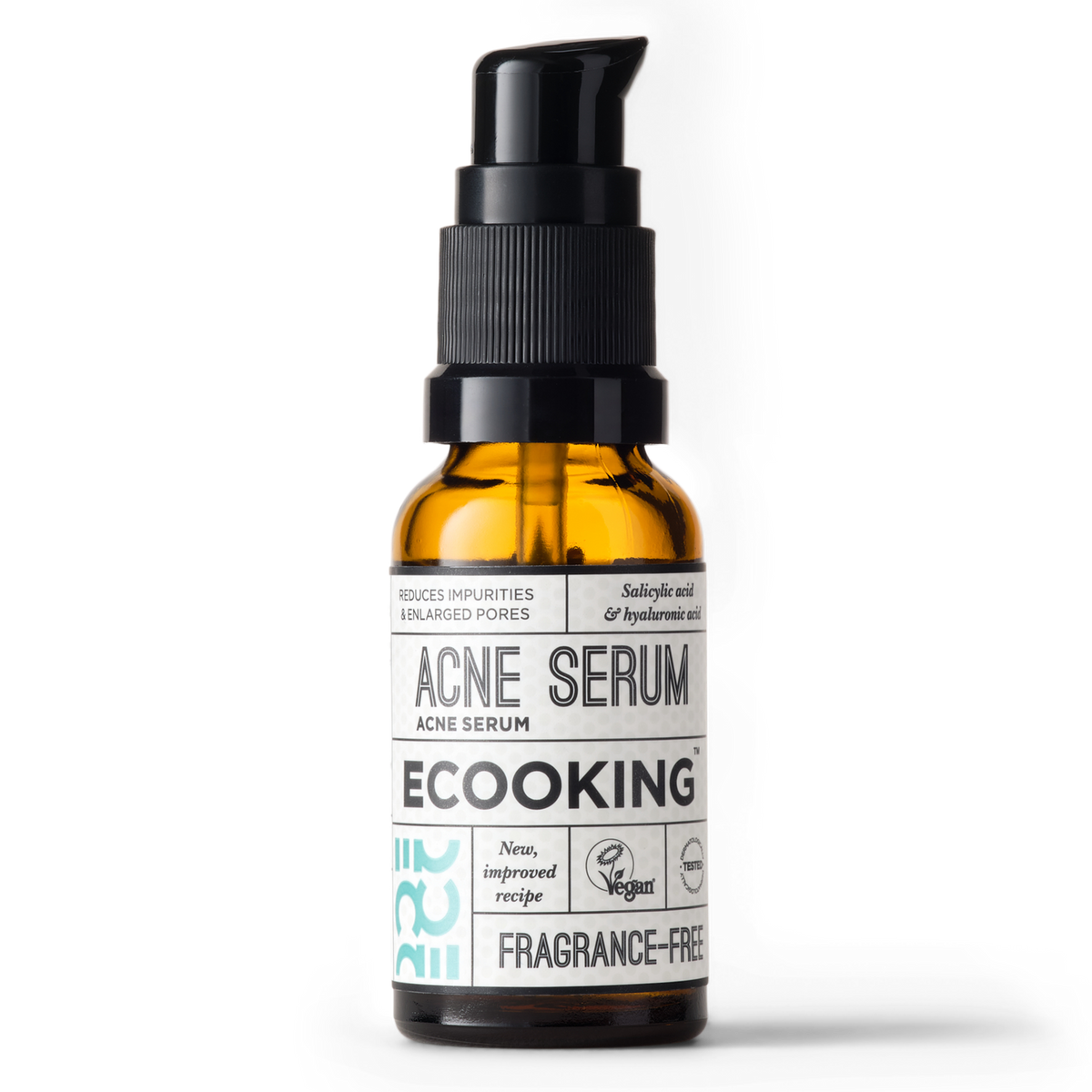 ECOOKING Acne Serum 20 ml – parfumefri serum i brun glasflaske med pumpe – acne serum med salicylsyre mod bumser, uren hud og store porer