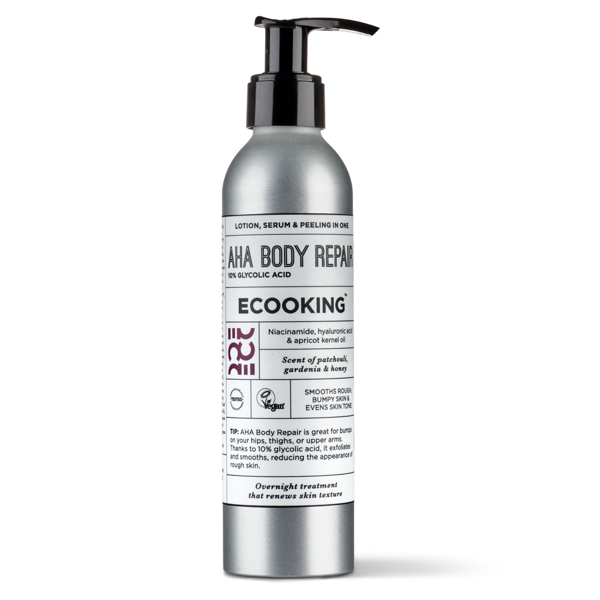 ECOOKING AHA Body Repair 200 ml i aluminiumsflaske med pumpe – bodylotion til pleje ved keratosis pilaris og knopper på armene