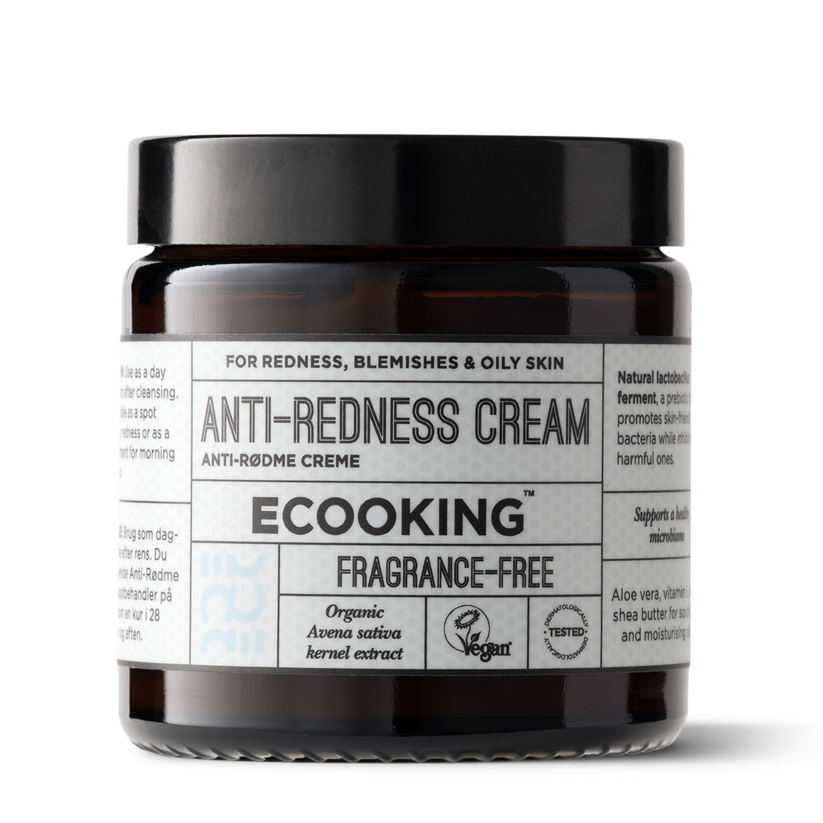 ECOOKING Anti-rødme Creme (Anti Redness Cream) 100 ml – parfumefri creme i stor brun glaskrukke med sort låg – creme mod rødme og pleje til sensitiv hud med rosacea
