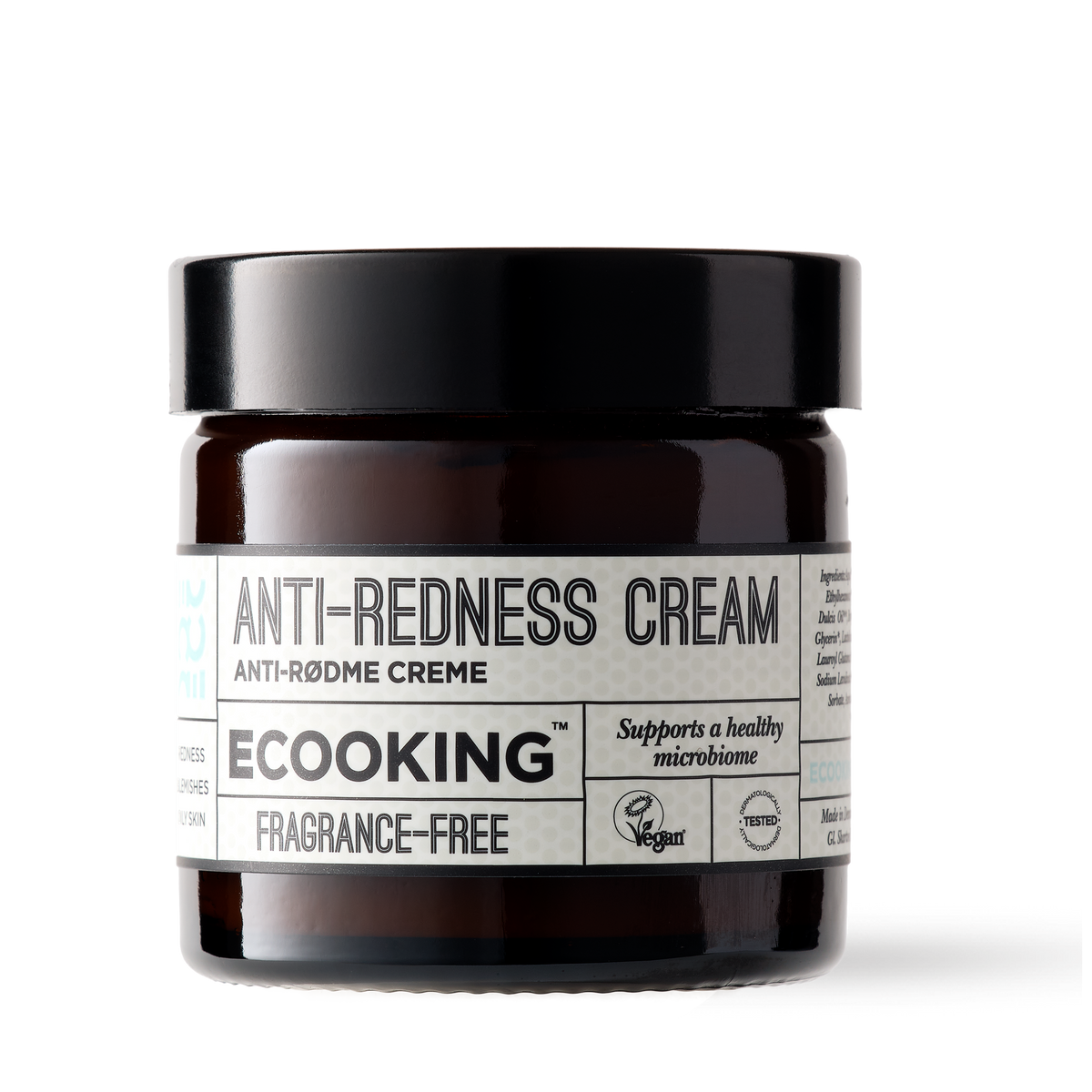ECOOKING Anti-rødme Creme (Anti Redness Cream) 50 ml – parfumefri creme i brun glaskrukke med sort låg – creme mod rødme og pleje til sensitiv hud med rosacea