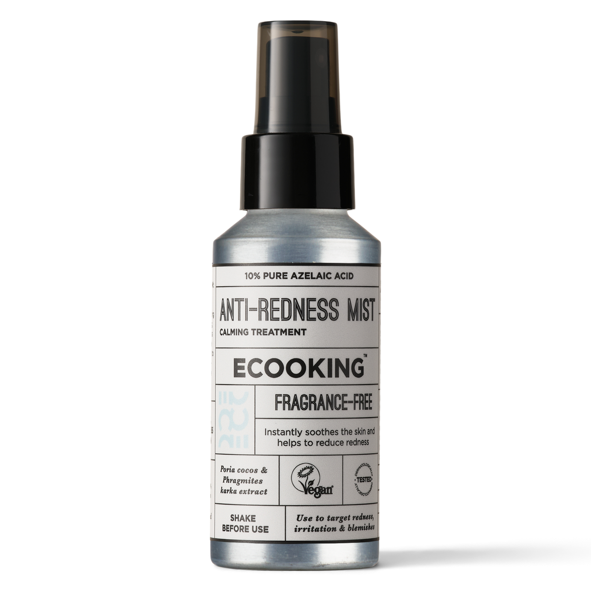 ECOOKING Anti-rødme Mist 50 ml parfumefri i sprayflaske med sort pumpe og hvid etiket – azelainsyre 10 % mist mod rødme, pleje ved rosacea