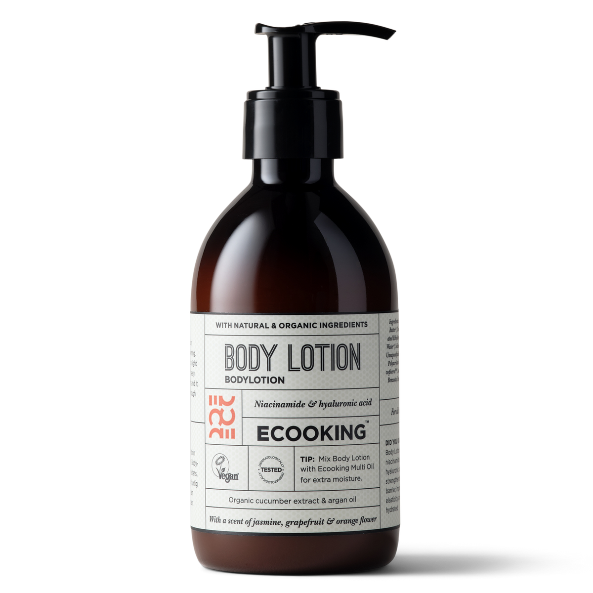 ECOOKING Body Lotion med duft 300 ml i brun flaske med pumpe – opstrammende bodylotion til tør hud med niacinamid