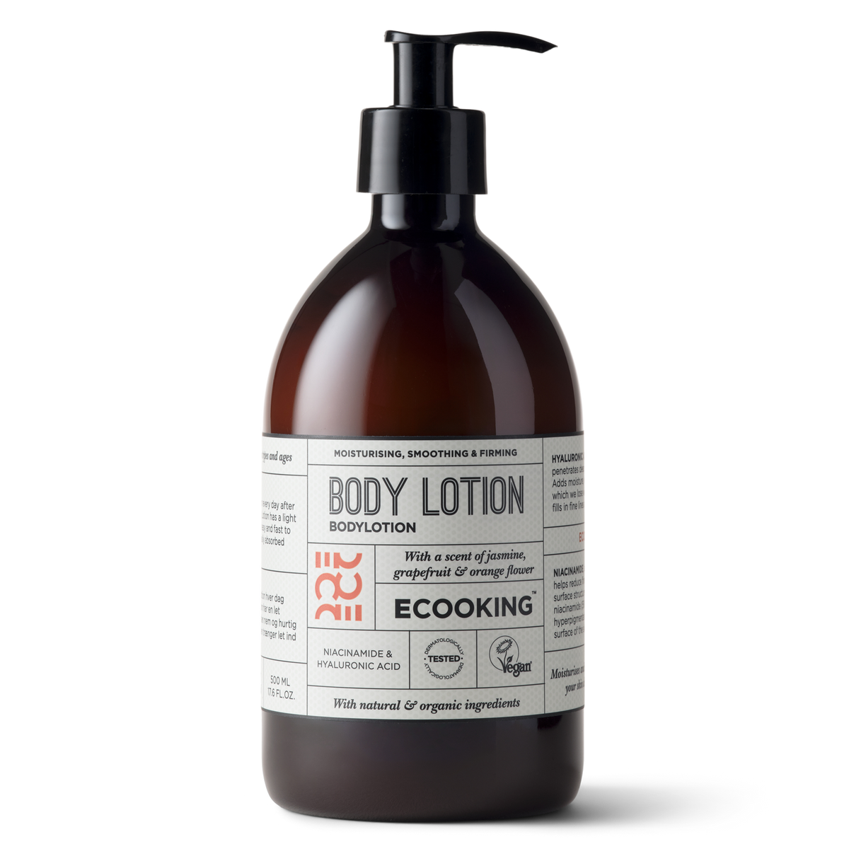ECOOKING Body Lotion med duft 500 ml i brun flaske med pumpe – opstrammende bodylotion til tør hud med niacinamid
