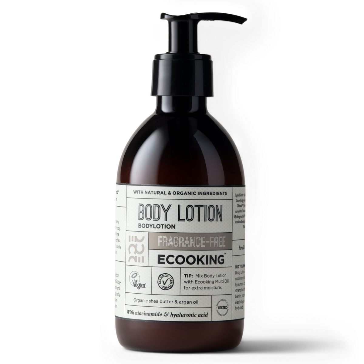 ECOOKING Body Lotion parfumefri 300 ml i brun flaske med pumpe – opstrammende bodylotion til tør hud med niacinamid