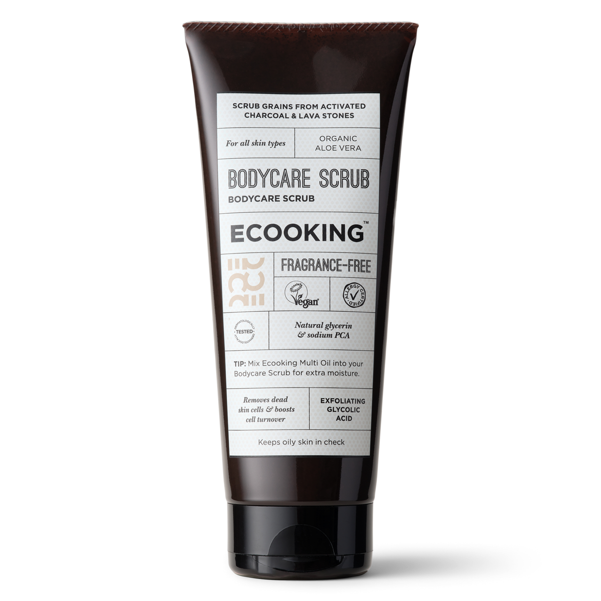 ECOOKING Bodyscrub (Bodycare Scrub) parfumefri 200 ml i mørkebrun tube – parfumefri bodyscrub til ru hud, der fjerner døde hudceller