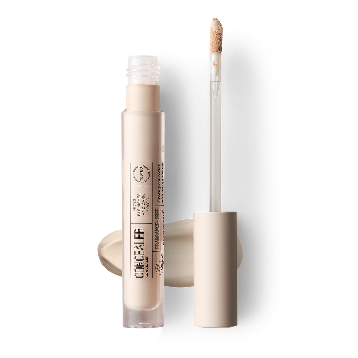 ECOOKING Concealer 00 Porcelain i rosa tube med doe-foot applikator og en stribe af farven – concealer til mørke rander, pigmentpletter og urenheder