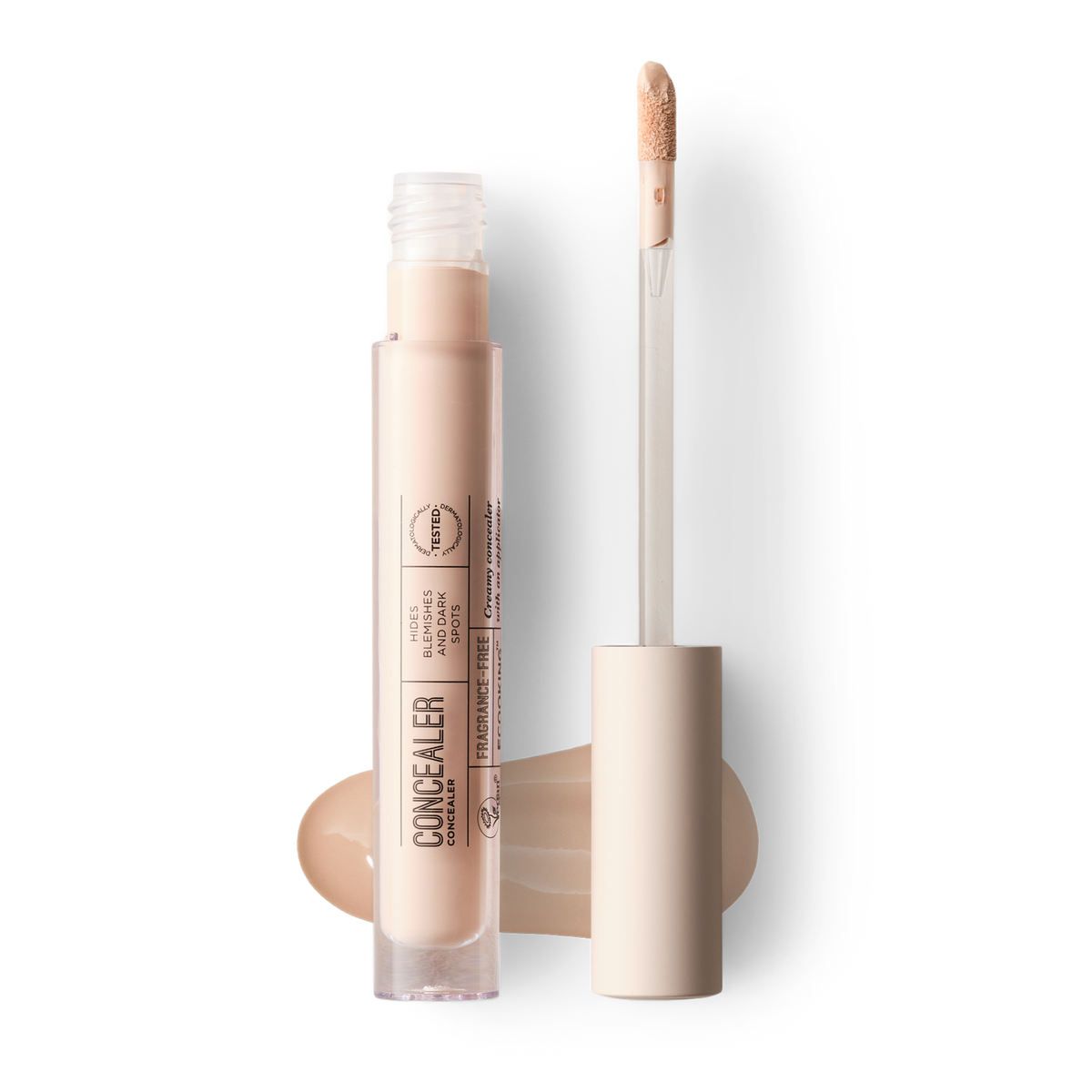 ECOOKING Concealer 01 Fair i rosa tube med doe-foot applikator og en stribe af farven – concealer til mørke rander, pigmentpletter og urenheder