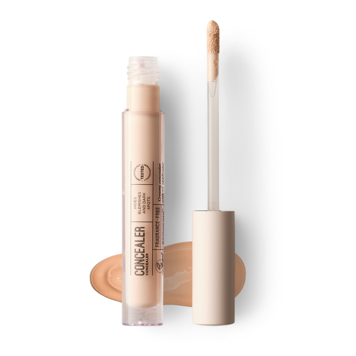 ECOOKING Concealer 02 Beige i rosa tube med doe-foot applikator og en stribe af farven – concealer til mørke rander, pigmentpletter og urenheder