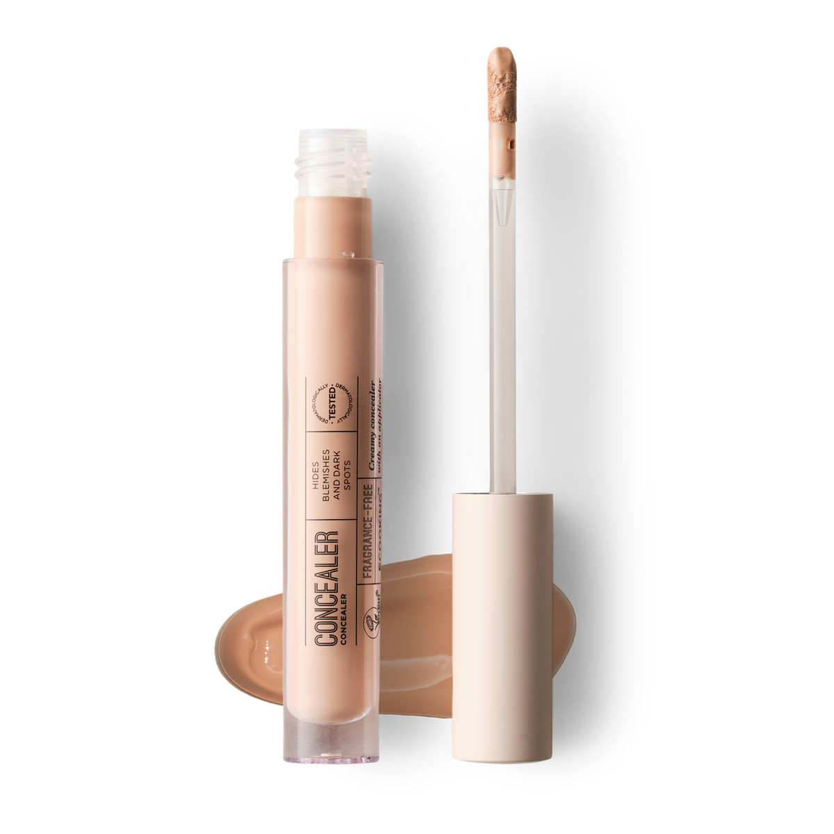 ECOOKING Concealer 03 Cinnamon i rosa tube med doe-foot applikator og en stribe af farven – concealer til mørke rander, pigmentpletter og urenheder