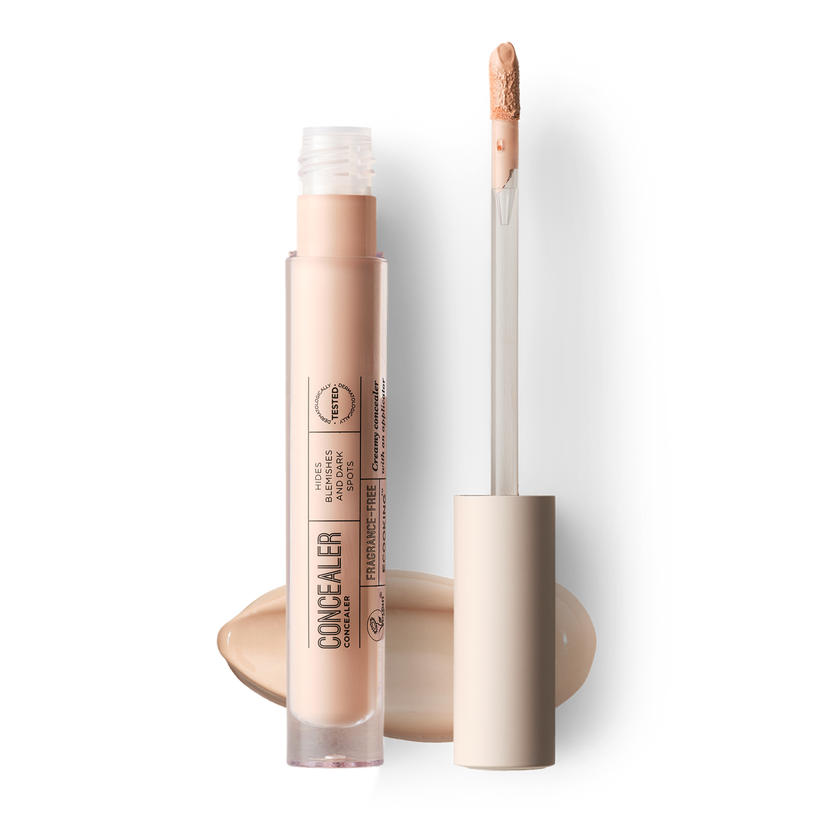 ECOOKING Concealer 04 Peach i rosa tube med doe-foot applikator og en stribe af farven – concealer til mørke rander, pigmentpletter og urenheder