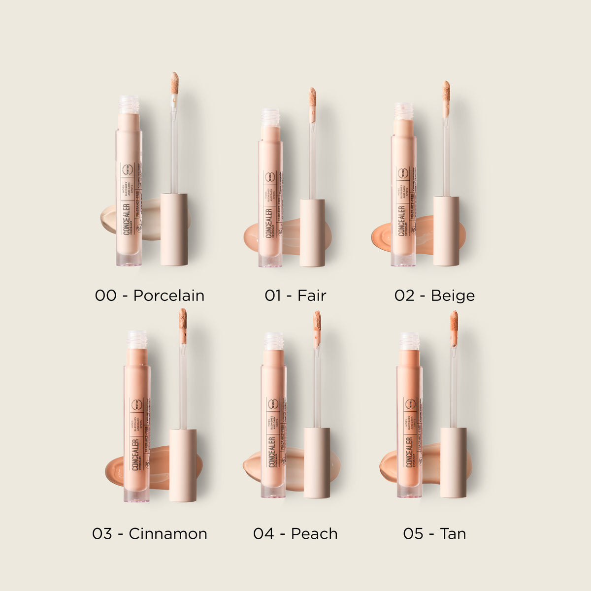 ECOOKING Concealer i seks farver: 00 Porcelain, 01 Fair, 02 Beige, 03 Cinnamon, 04 Peach og 05 Tan