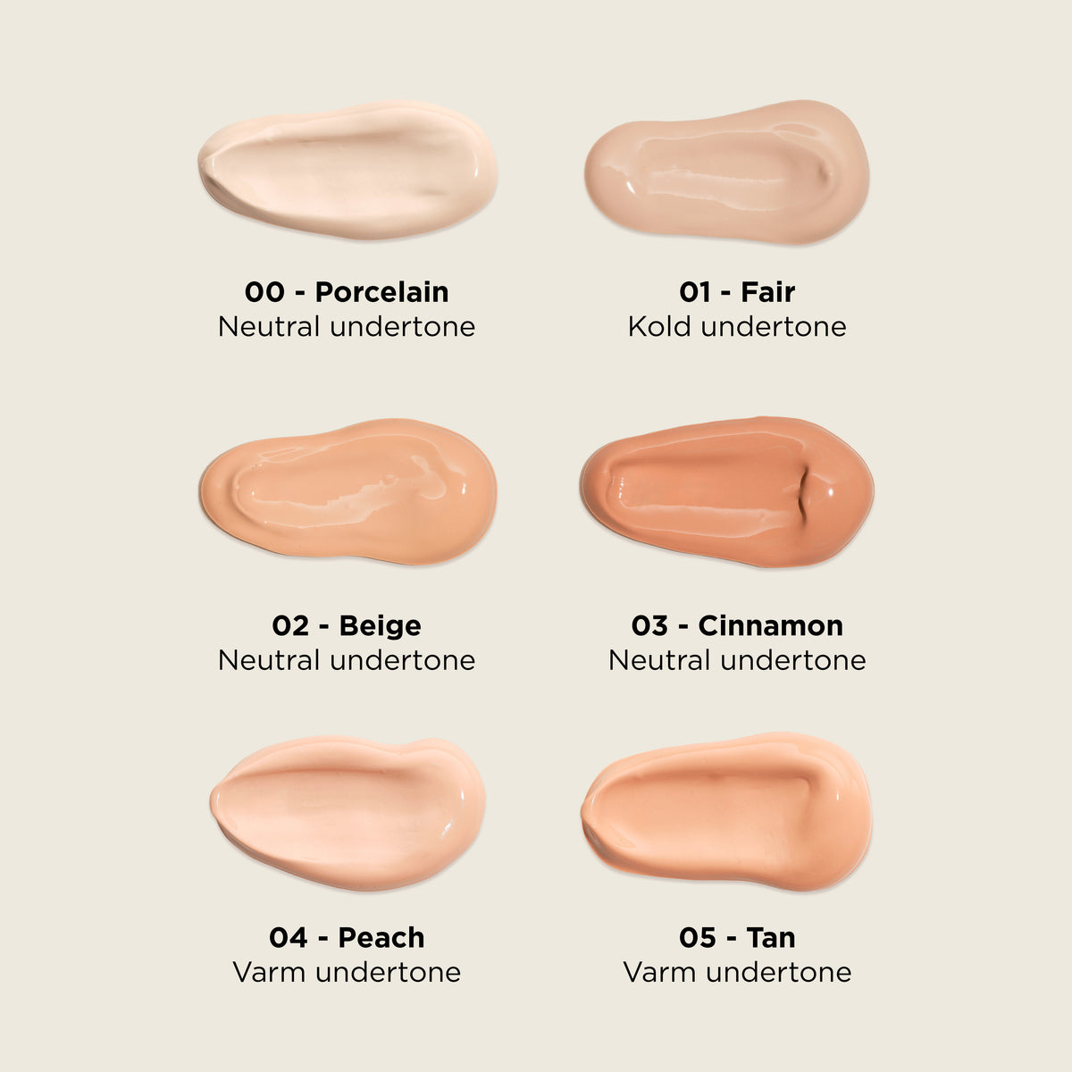 Farveguide til ECOOKING Concealer: 00 Porcelain neutral undertone, 01 Fair kold undertone, 02 Beige neutral undertone, 03 Cinnamon neutral undertone, 04 Peach varm undertone, 05 Tan varm undertone