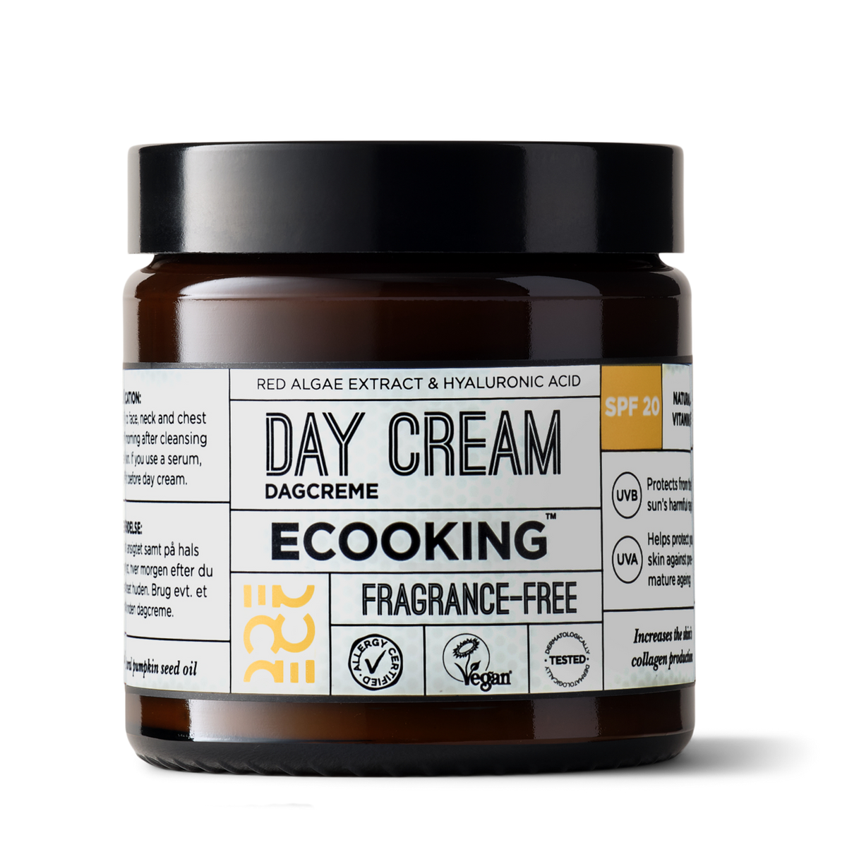 ECOOKING Dagcreme Solfaktor 20 (Day Cream SPF 20) parfumefri 100 ml i brun glaskrukke – ansigtscreme og dagcreme med solfaktor 20, der fugter og beskytter