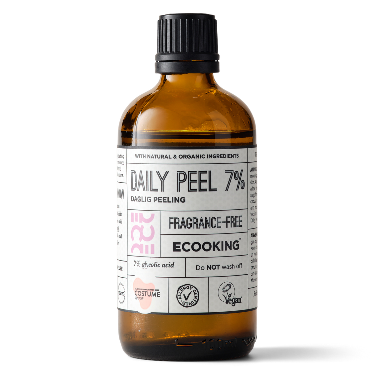 ECOOKING Daily Peel 7% parfumefri 100 ml i brun glasflaske med skruelåg – glycolic acid peel og toner til jævn hud med glød