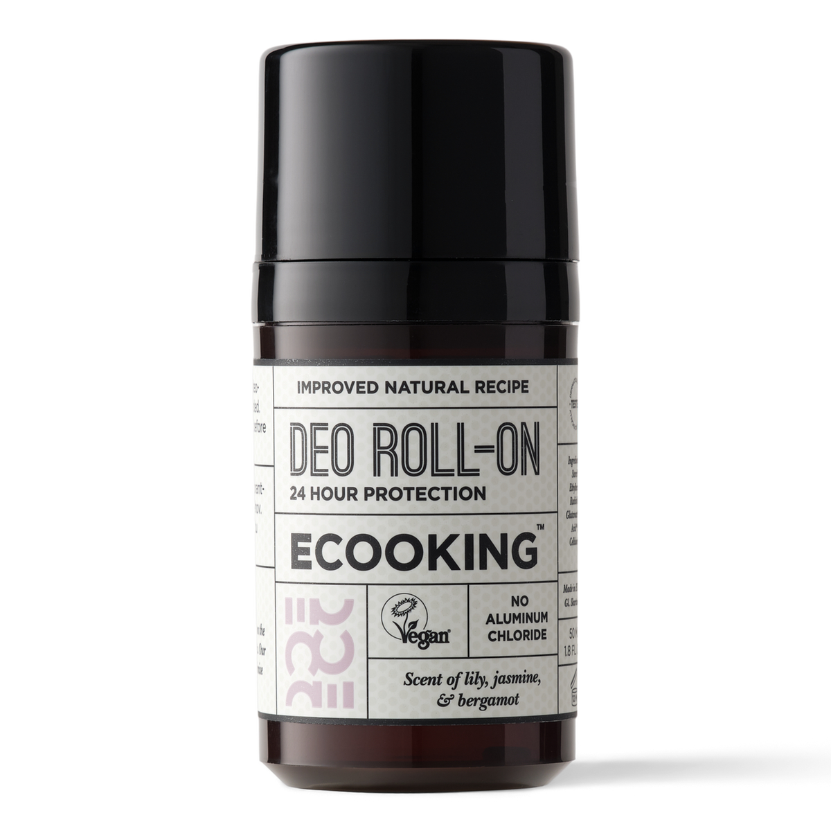 ECOOKING Deo Roll-on 50 ml i sort beholder med hvid etiket og duft af liljekonval, jasmin og bergamot – naturlig deodorant uden aluminium til kvinder