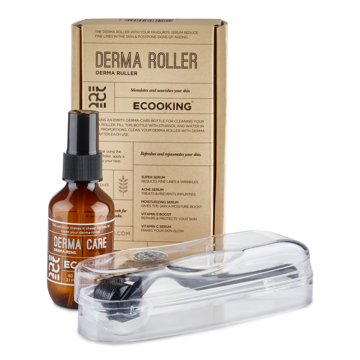 ECOOKING Derma Roller – dermaroller med mikronåle til ansigtet, vist med æske og Derma Care spray