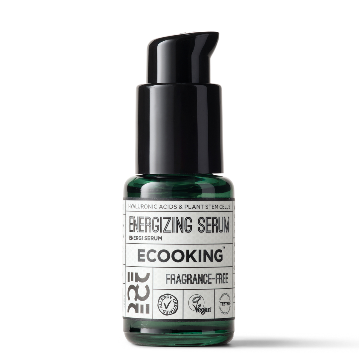 ECOOKING Energiserum (Energizing Serum) 30 ml – parfumefri serum i grøn glasflaske med pumpe – serum til moden hud 50+, der fugter og mindsker fine linjer og rynker