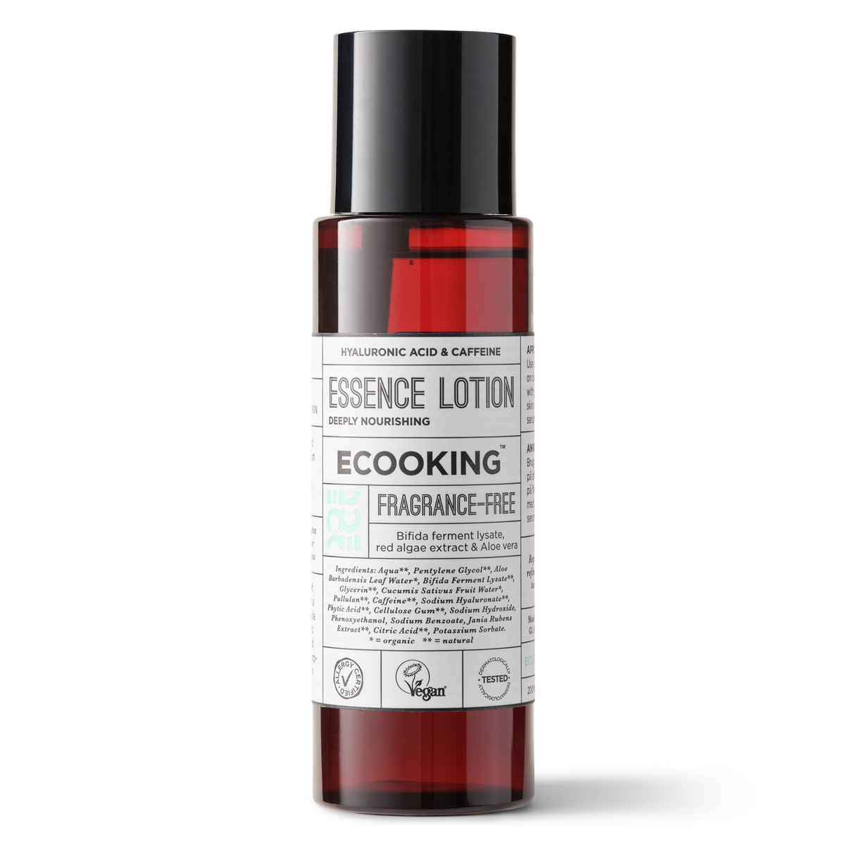 ECOOKING Essence Lotion 200 ml – parfumefri essence i rødbrun flaske med sort skruelåg – essence og fugtgivende toner i ét, der giver glød