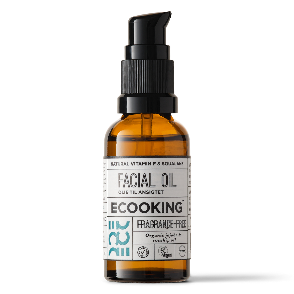 ECOOKING Facial Oil 30 ml parfumefri i brun glasflaske med pumpe – ansigtsolie med økologisk olivenolie og jojobaolie