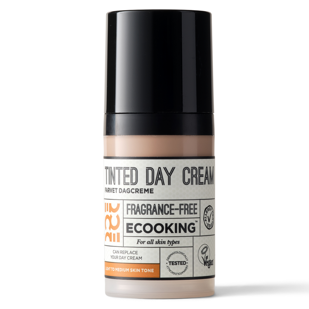 ECOOKING Farvet Dagcreme 30 ml Light - Medium parfumefri i pumpeflaske – ansigtscreme med farve til lys til medium hudtone