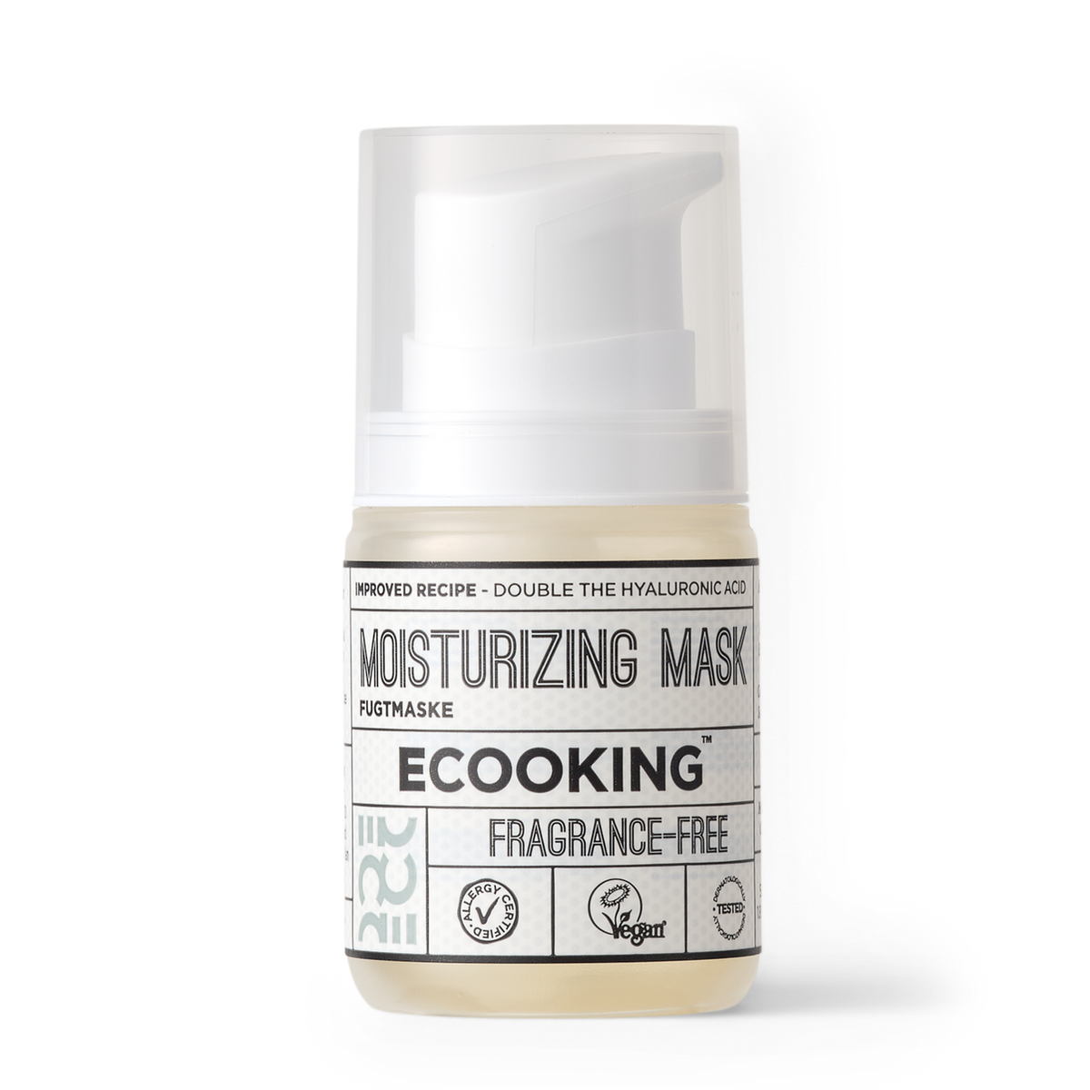 ECOOKING Fugtmaske (Moisturizing Mask) parfumefri 50 ml i flaske med pumpe og klart låg – fugtgivende ansigtsmaske og natmaske med hyaluronsyre